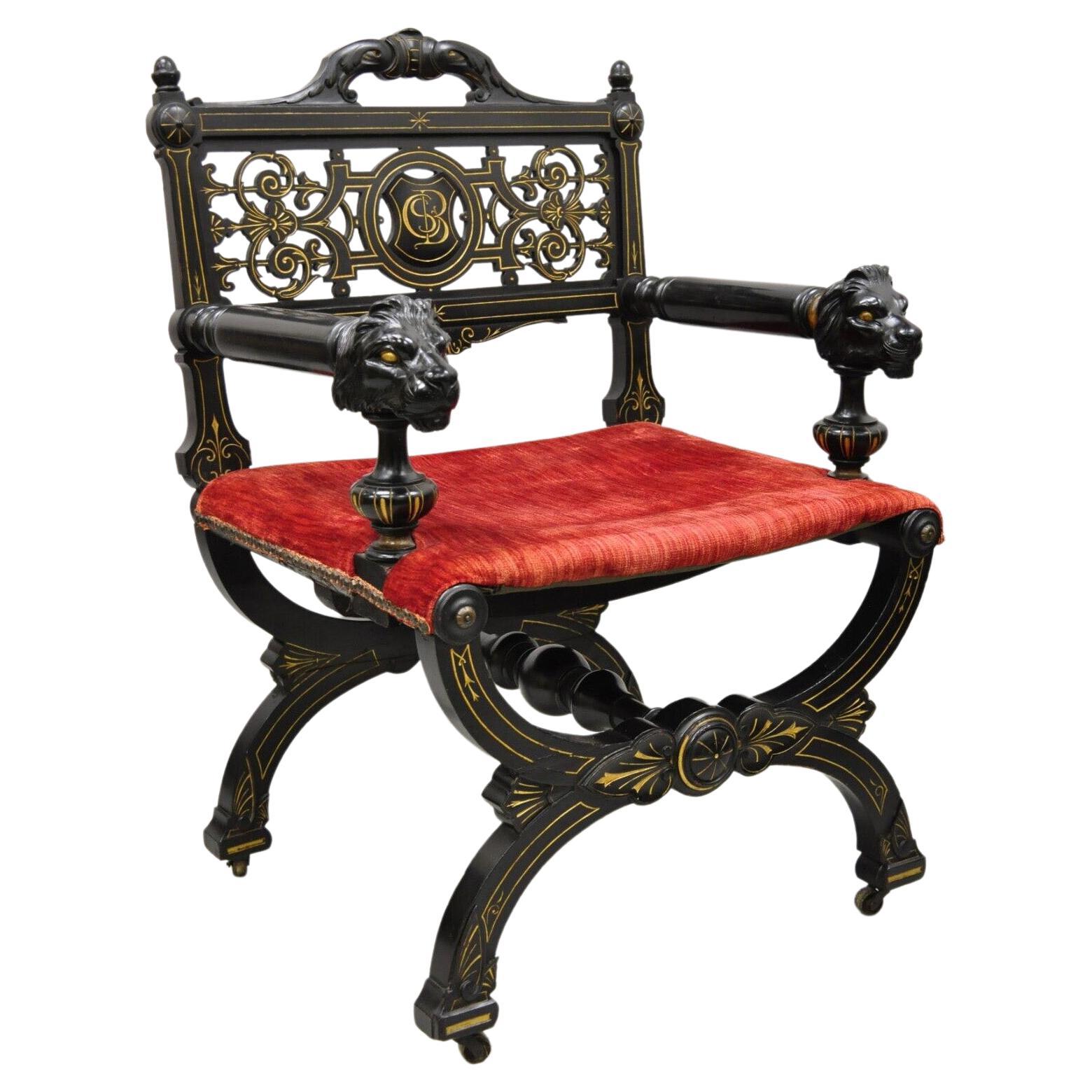Antique Victorian Aesthetic Movement Ebonized Curule Throne Arm Chair with Lions For Sale