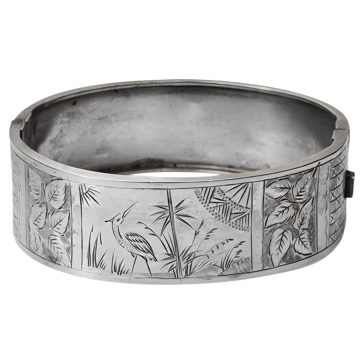 Antique Victorian Aesthetic Movement Silver Engraved Bangle Bracelet dated 1885