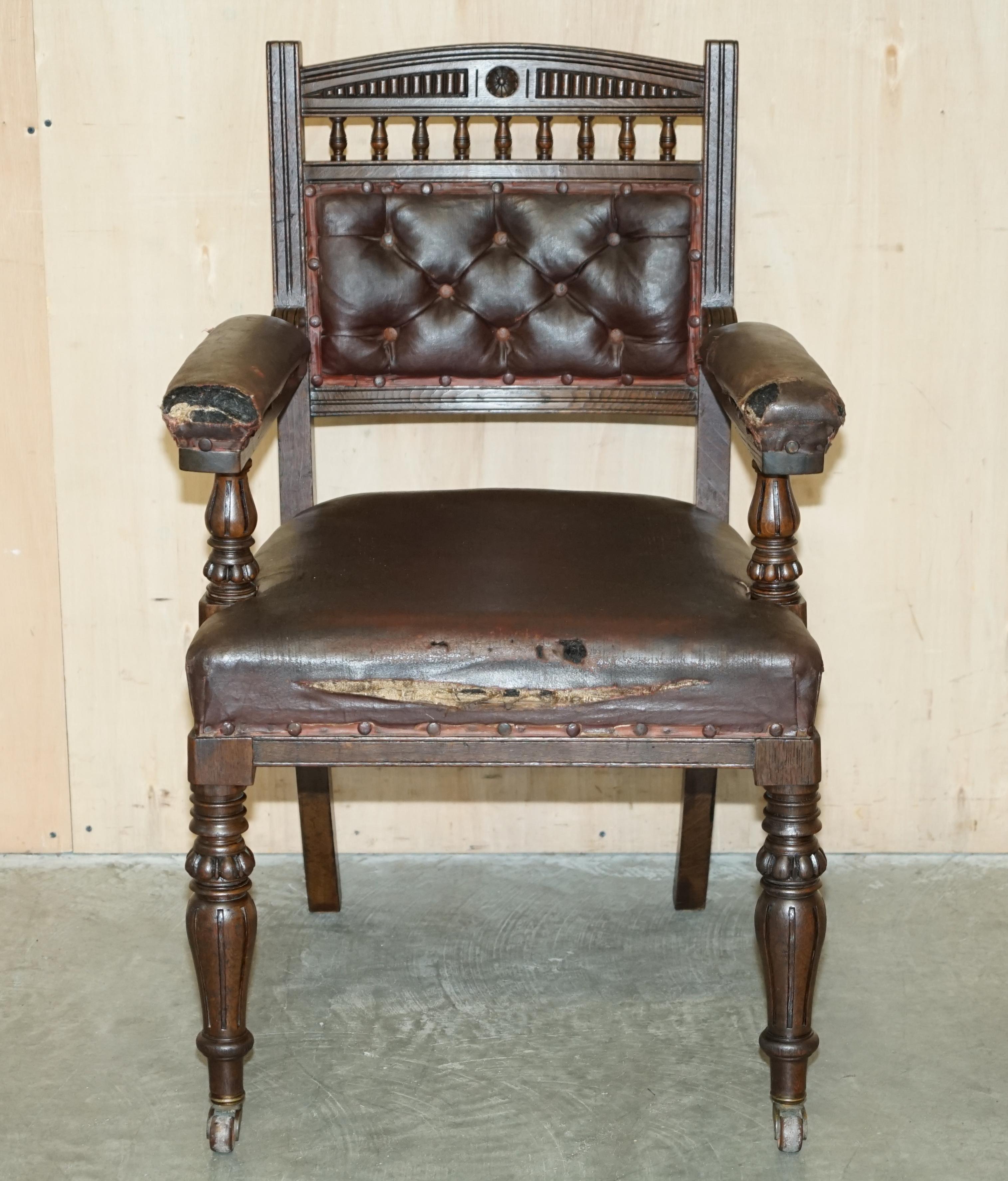 Aesthetic Movement ANTiQUE VICTORIAN AESTHETIC MOVEMENT STYLE LEATHER ARMCHAIR FOR RESTORATION For Sale