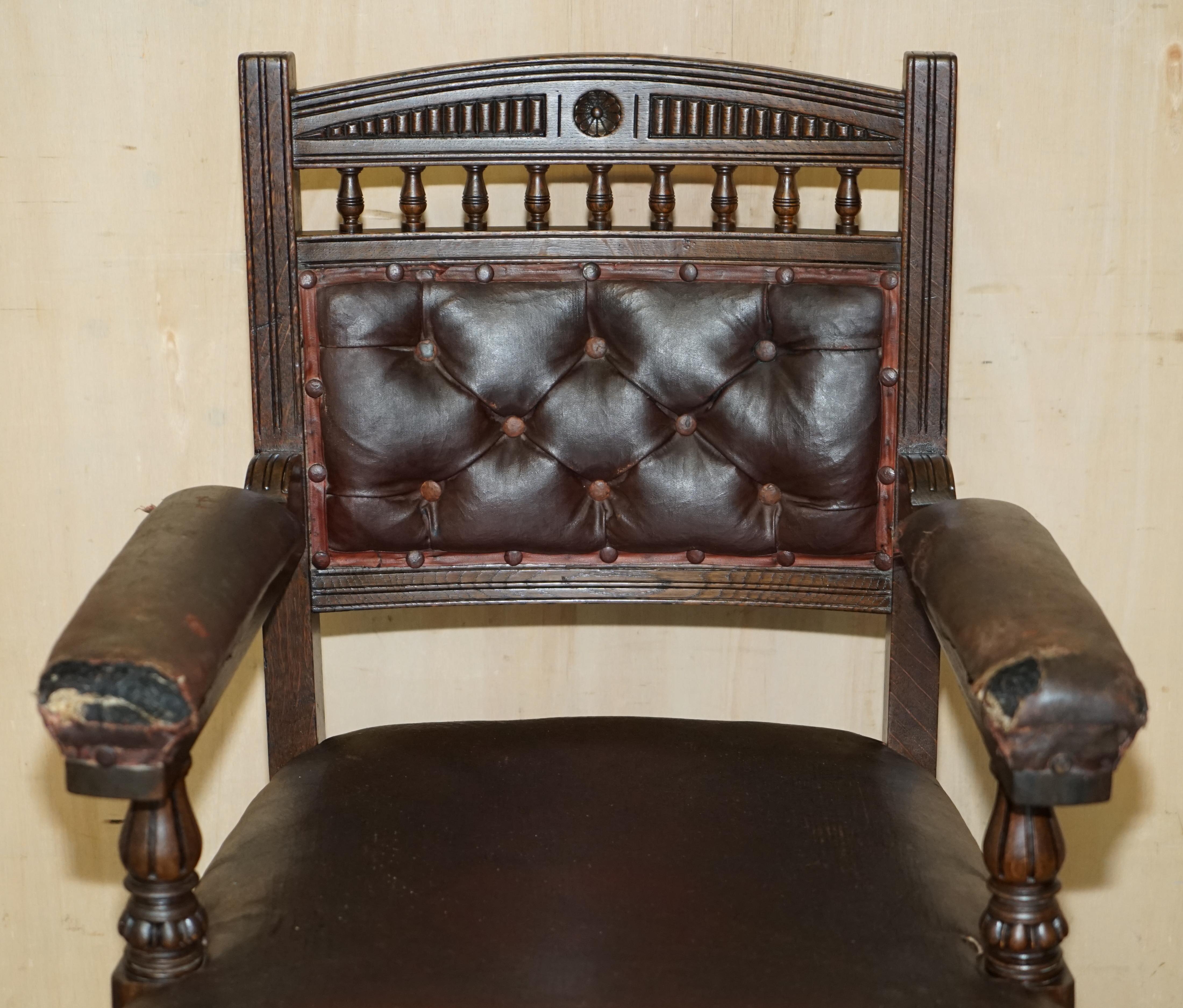 English ANTiQUE VICTORIAN AESTHETIC MOVEMENT STYLE LEATHER ARMCHAIR FOR RESTORATION For Sale