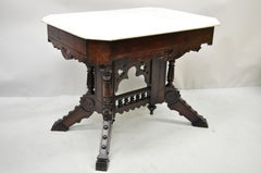 Antique Victorian Aesthetic Movement Walnut Marble Top Parlor Lamp Side Table