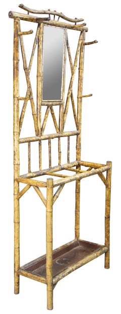 Antique Victorian Aesthetic Period Scorched Bamboo Hall Tree Umbrella Stand Rack