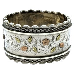 Antique Victorian Aesthetic Silver and Gold Engraved Scalloped Bangle Bracelet