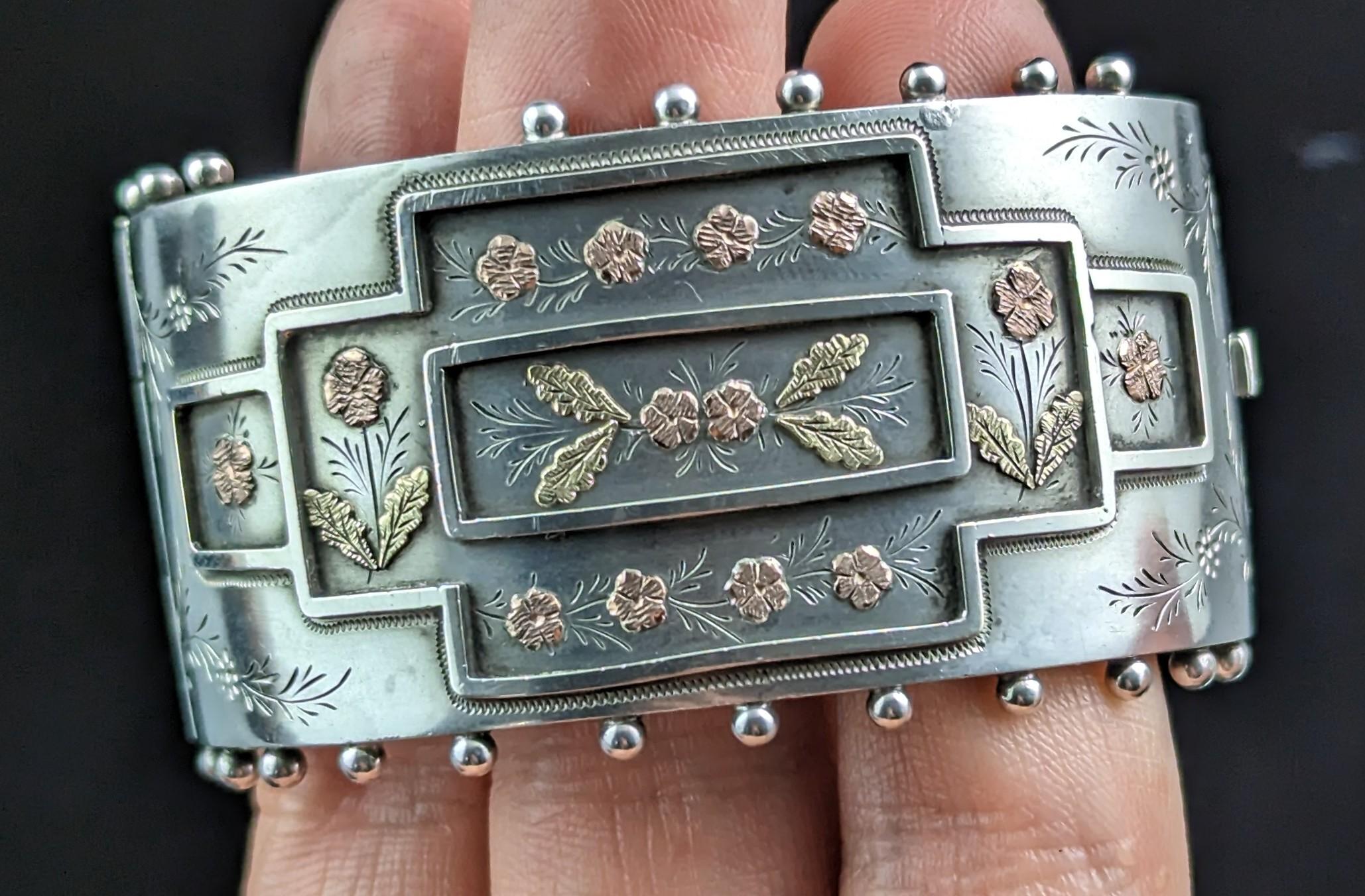 Antique Victorian aesthetic silver cuff bangle, 9k gold floral design 6