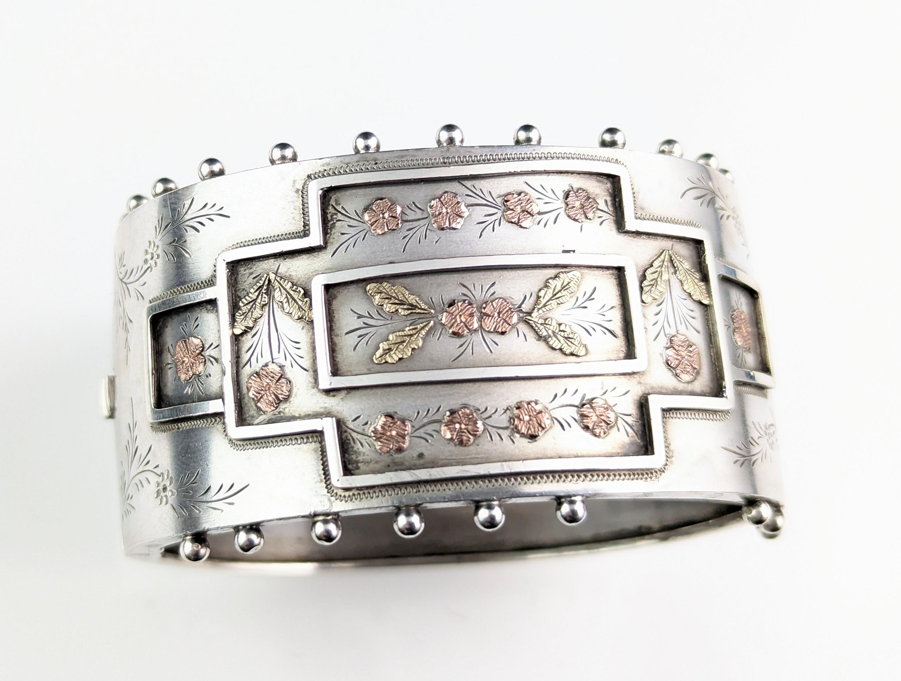 Antique Victorian aesthetic silver cuff bangle, 9k gold floral design 7