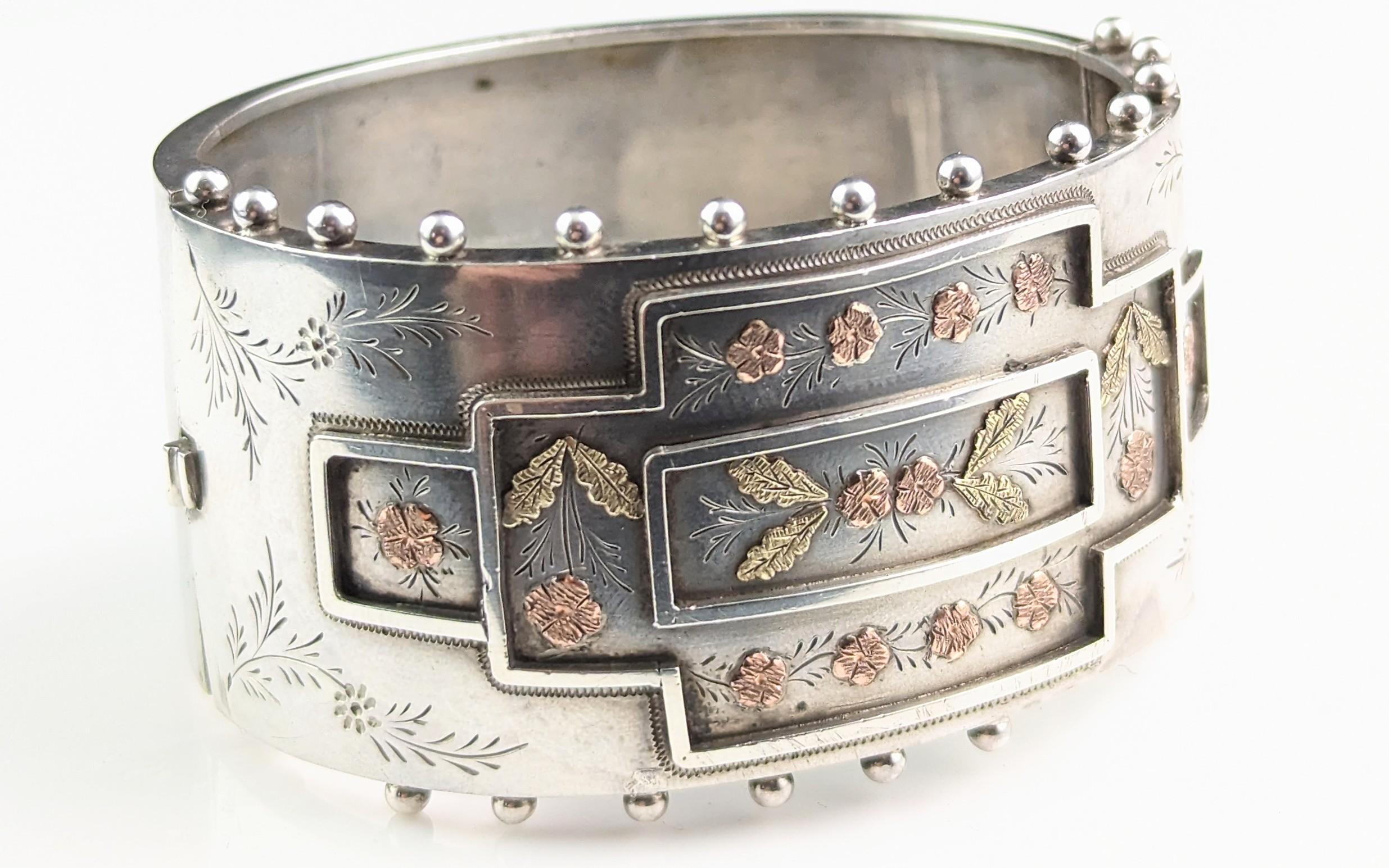 Antique Victorian aesthetic silver cuff bangle, 9k gold floral design 8