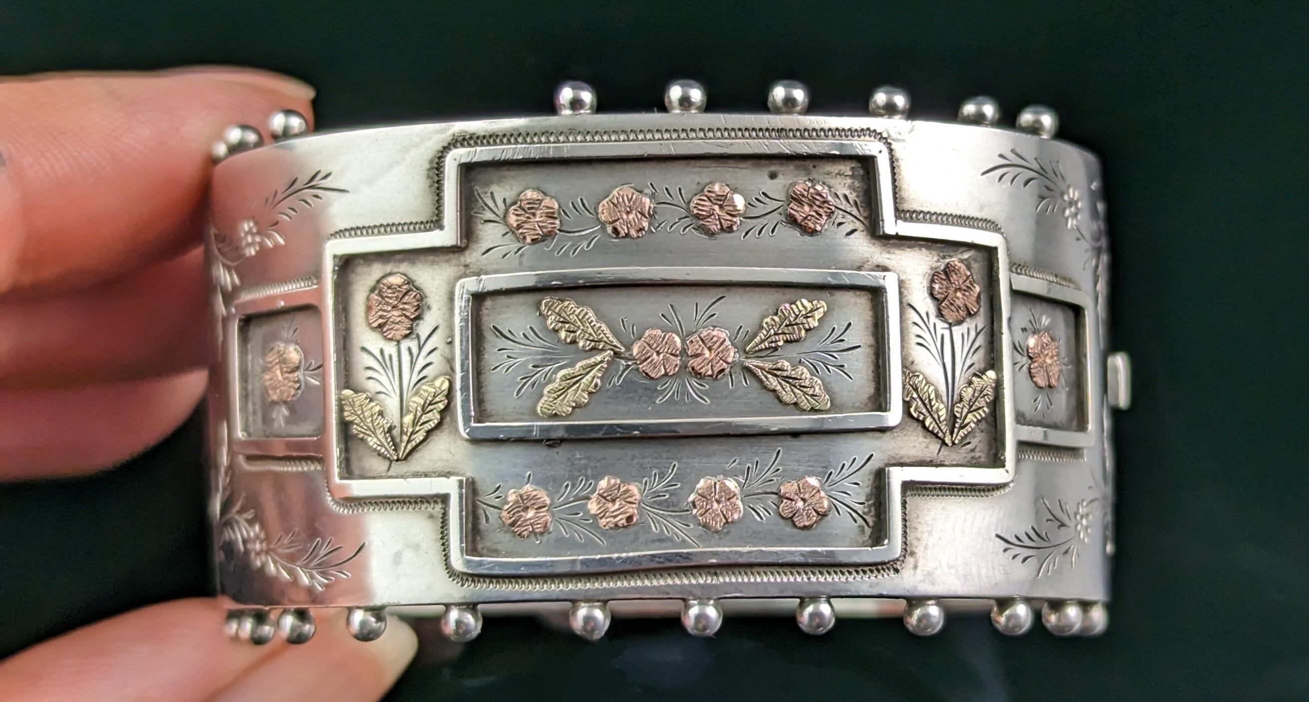 Women's Antique Victorian aesthetic silver cuff bangle, 9k gold floral design
