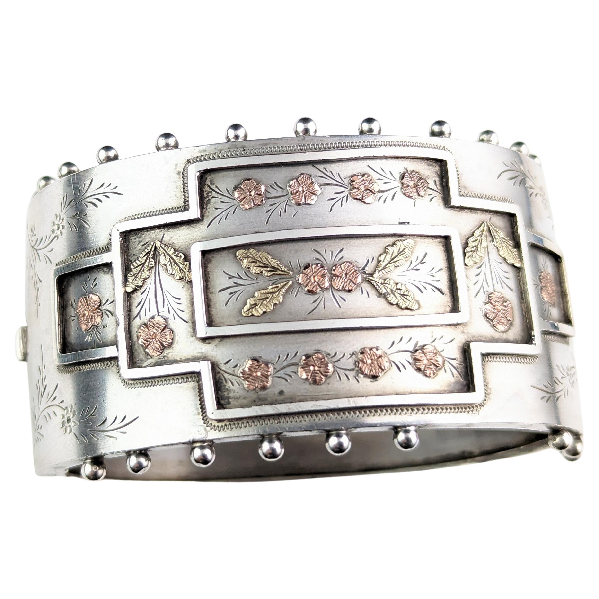 Antique Victorian aesthetic silver cuff bangle, 9k gold floral design