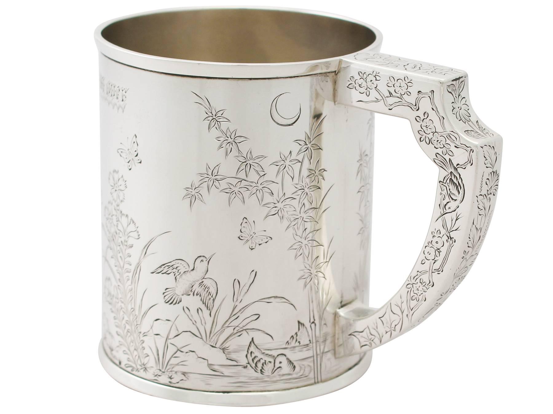Antique Victorian Aesthetic Style Sterling Silver Mug In Excellent Condition In Jesmond, Newcastle Upon Tyne