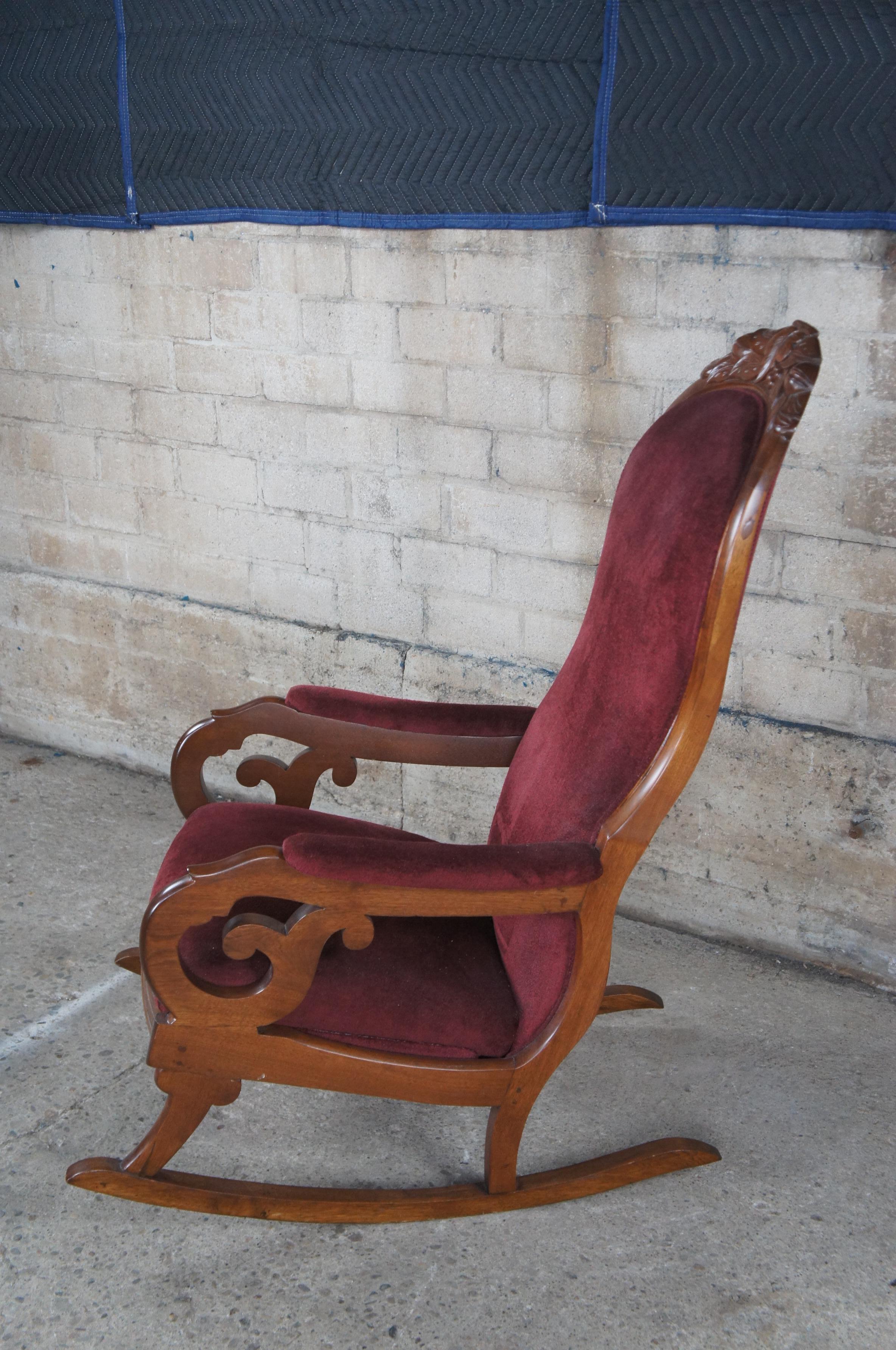 Antique Victorian Aesthetic Walnut Velvet Rocking Bergere Parlor Armchair In Good Condition In Dayton, OH