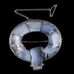 Antique Victorian Agate Buckle Brooch Silver, circa 1860