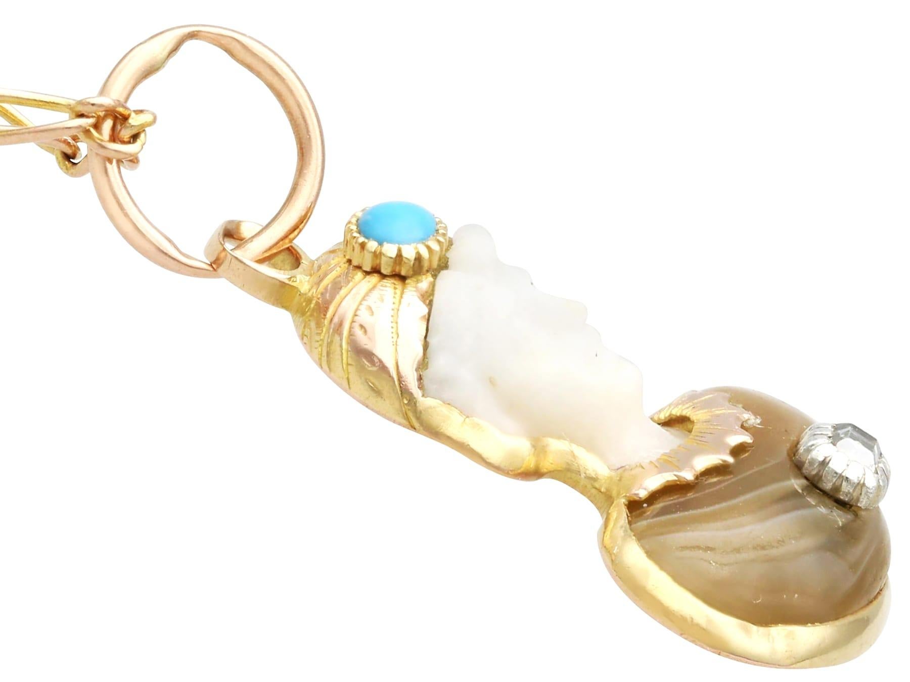 Cabochon Antique Victorian Agate, Carved Quartz, Diamond and Turquoise, 15ct Yellow Gold  For Sale