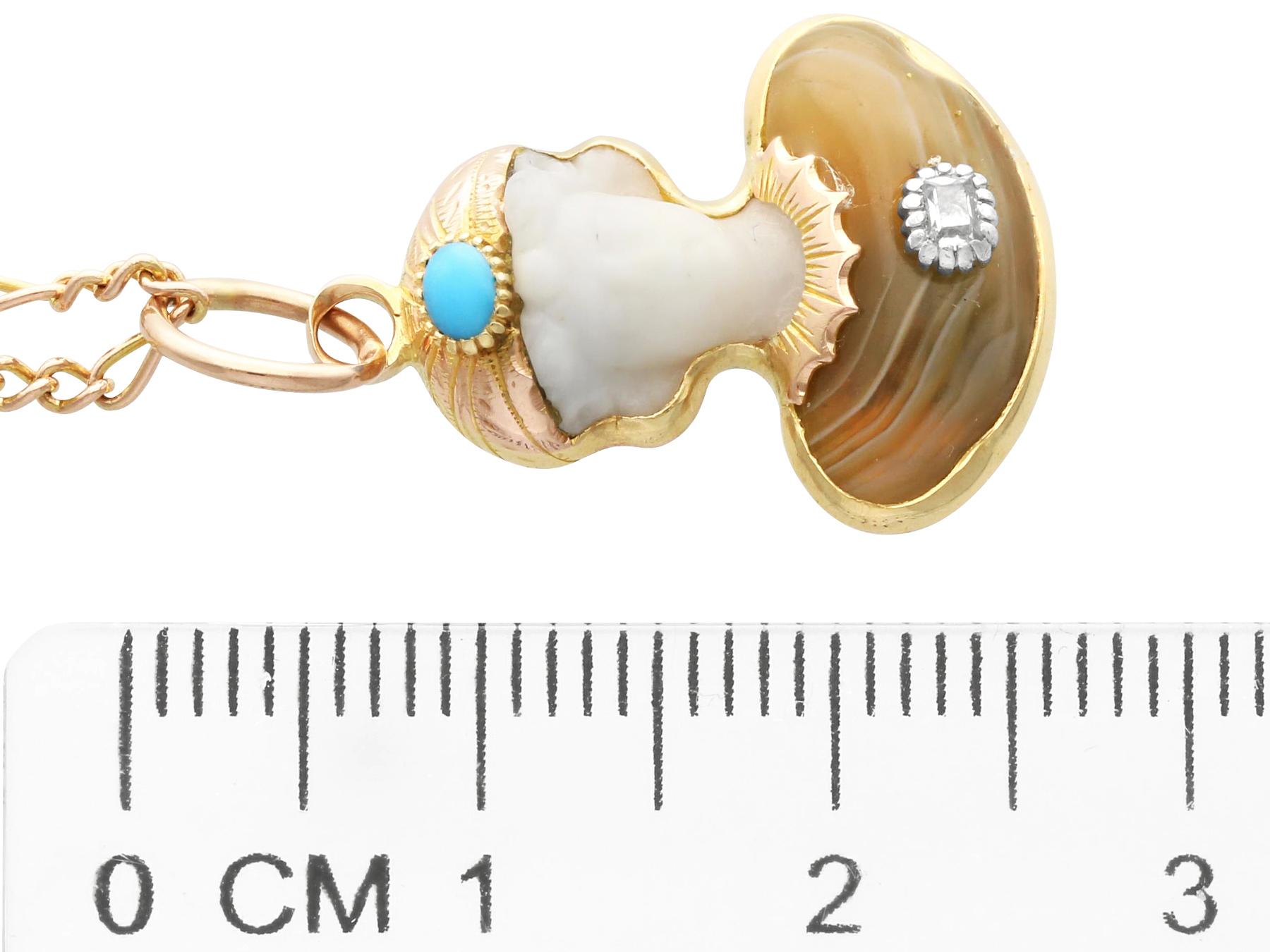 Women's or Men's Antique Victorian Agate, Carved Quartz, Diamond and Turquoise, 15ct Yellow Gold  For Sale