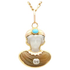 Antique Victorian Agate, Carved Quartz, Diamond and Turquoise, 15ct Yellow Gold 