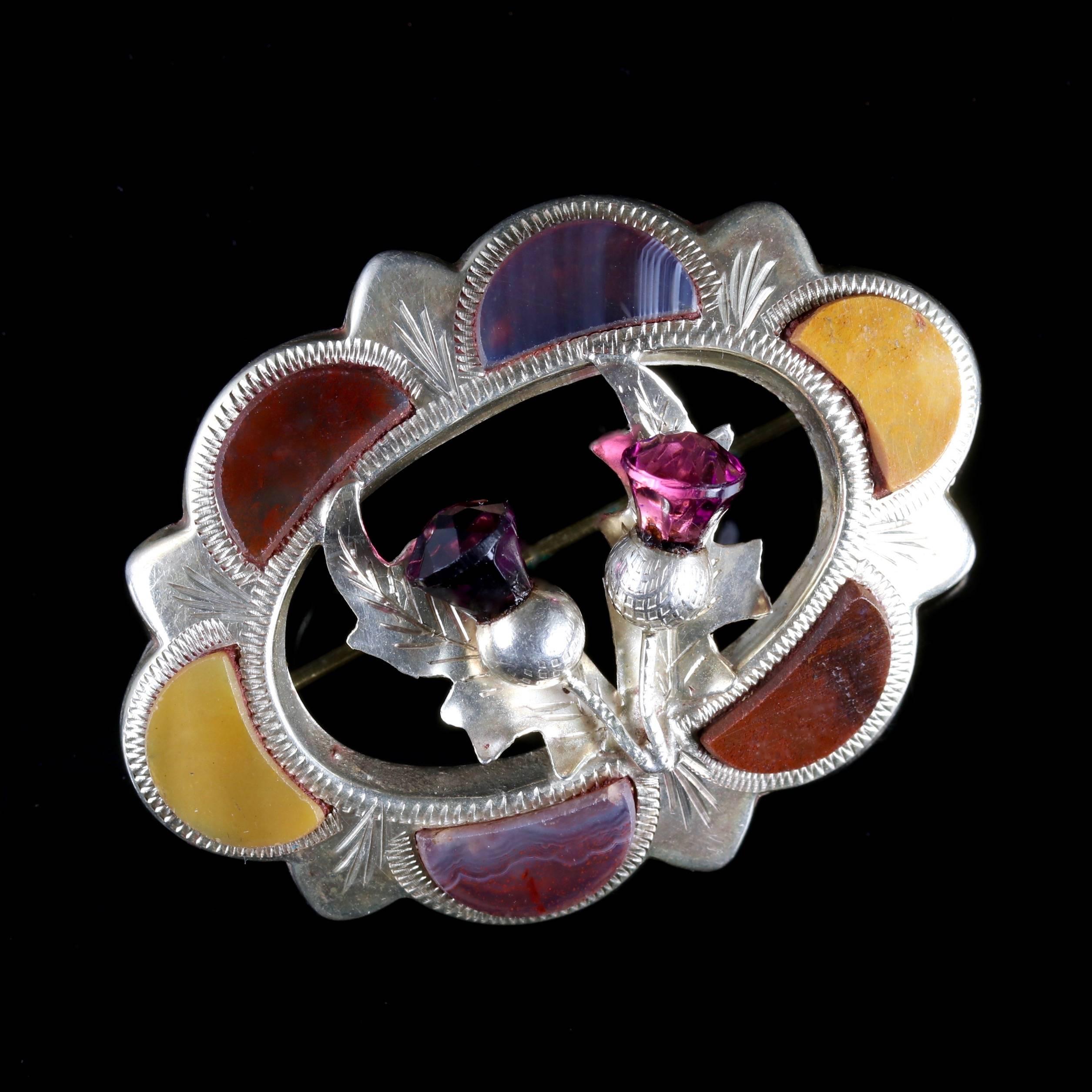 This fabulous Victorian Sterling Silver Scottish brooch is, Circa 1860.

Scottish jewellery was made popular by Queen Victoria as it became a souvenir of her frequent trips to Scotland and her Scottish Castle Balmoral from the mid 1800s. 

Set with