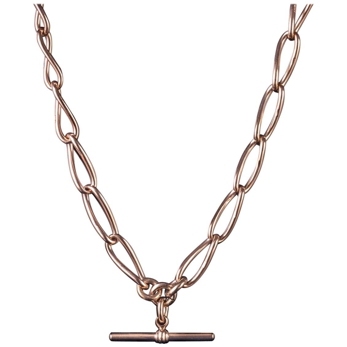Antique Victorian Albert Chain 9 Carat Rose Gold Link Necklace, circa 1900 For Sale