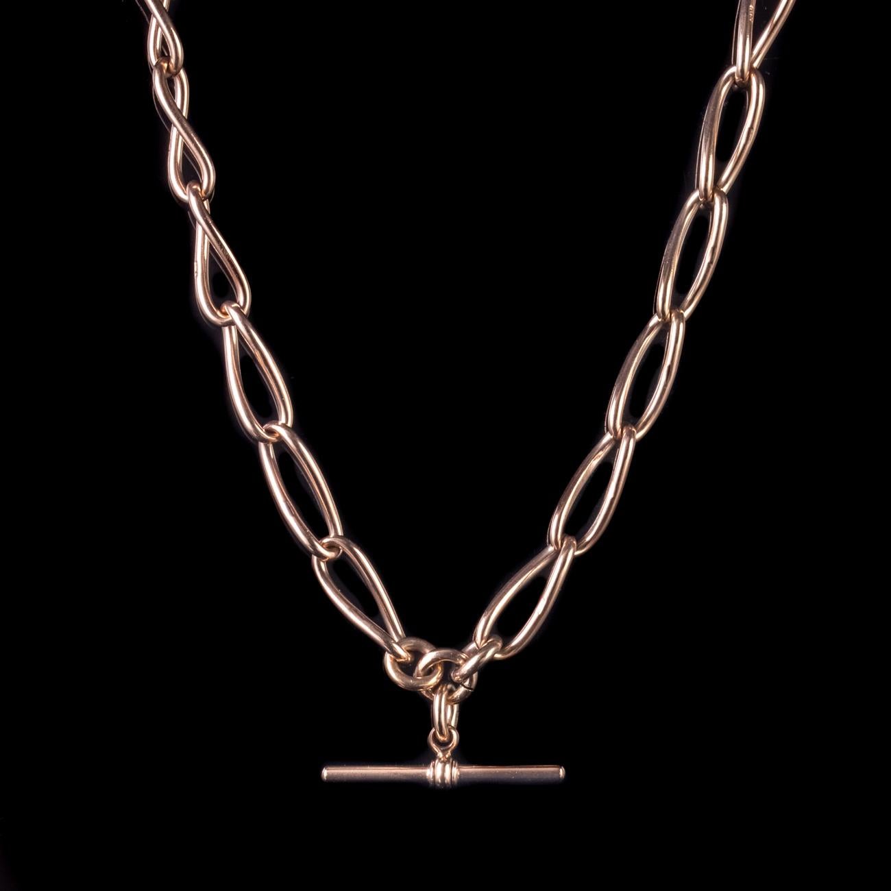 This beautiful Antique Victorian Albert chain necklace has been lovingly crafted in 9ct Rose Gold and features a decorative T bar. 

Each link is solid and durable with a 9ct stamp upon each. It is fitted with a secure ring clasp and trigger clasp