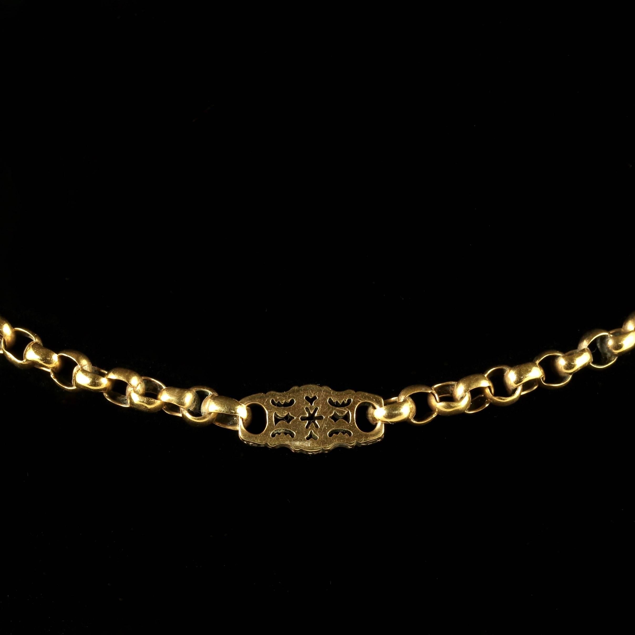 This fabulous antique Victorian Albert chain necklace is set in 18ct Gold on Silver, Circa 1880.

This is a heavy Albert chain that is superb in weight and design.

The chain is adorned with panels that follow around the necklace, showing fabulous