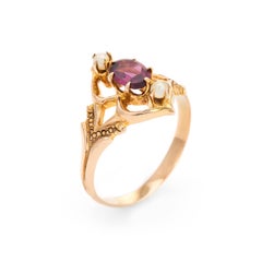 Antique Victorian Almandine Garnet Seed Pearl Ring 10 Karat Yellow Gold Jewelry