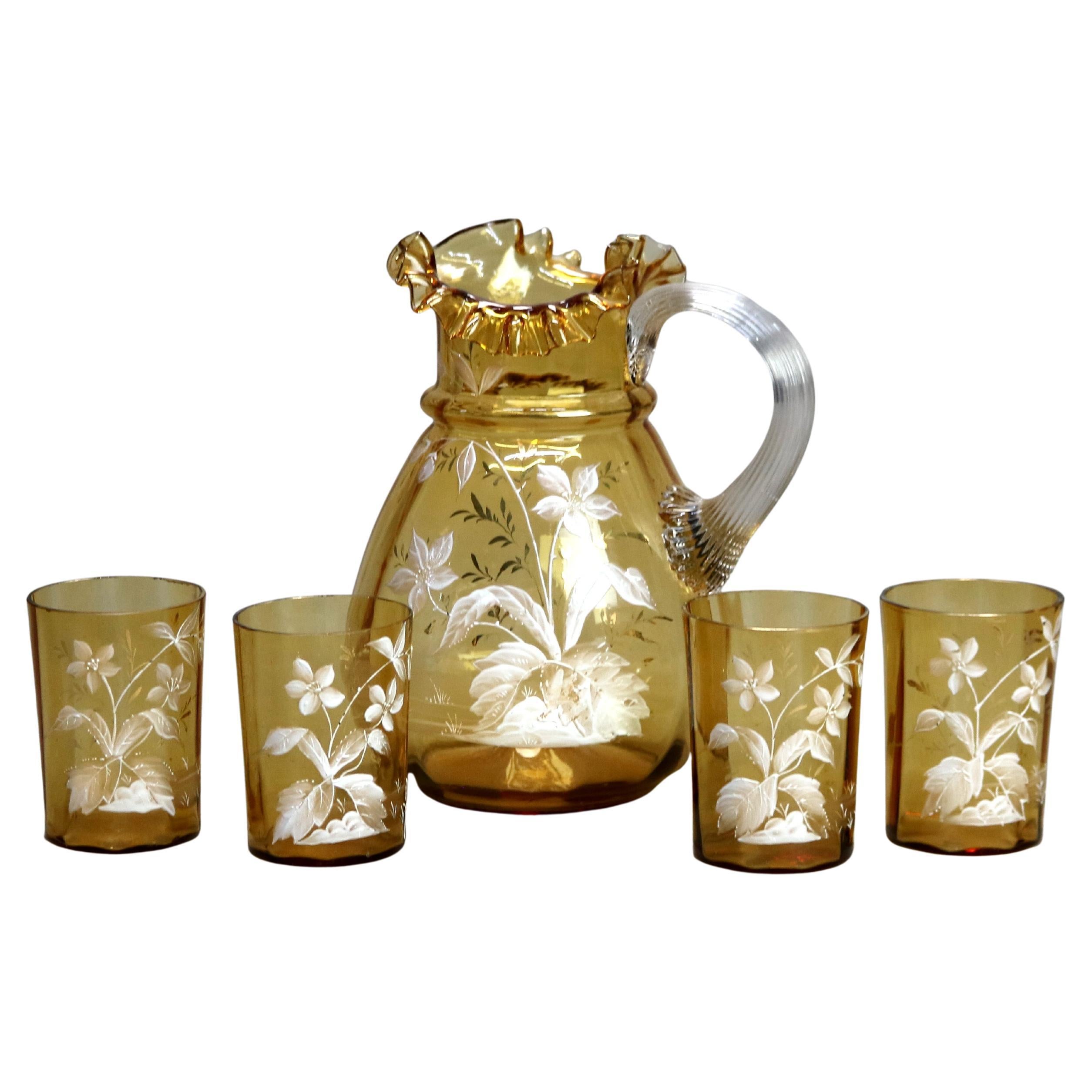 Service à glace victorien ancien en verre ambré peint à la main C1900 en vente