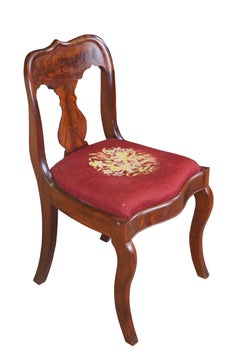 Antique Victorian American Empire Flame Mahogany Side Chair Embroidered Seat