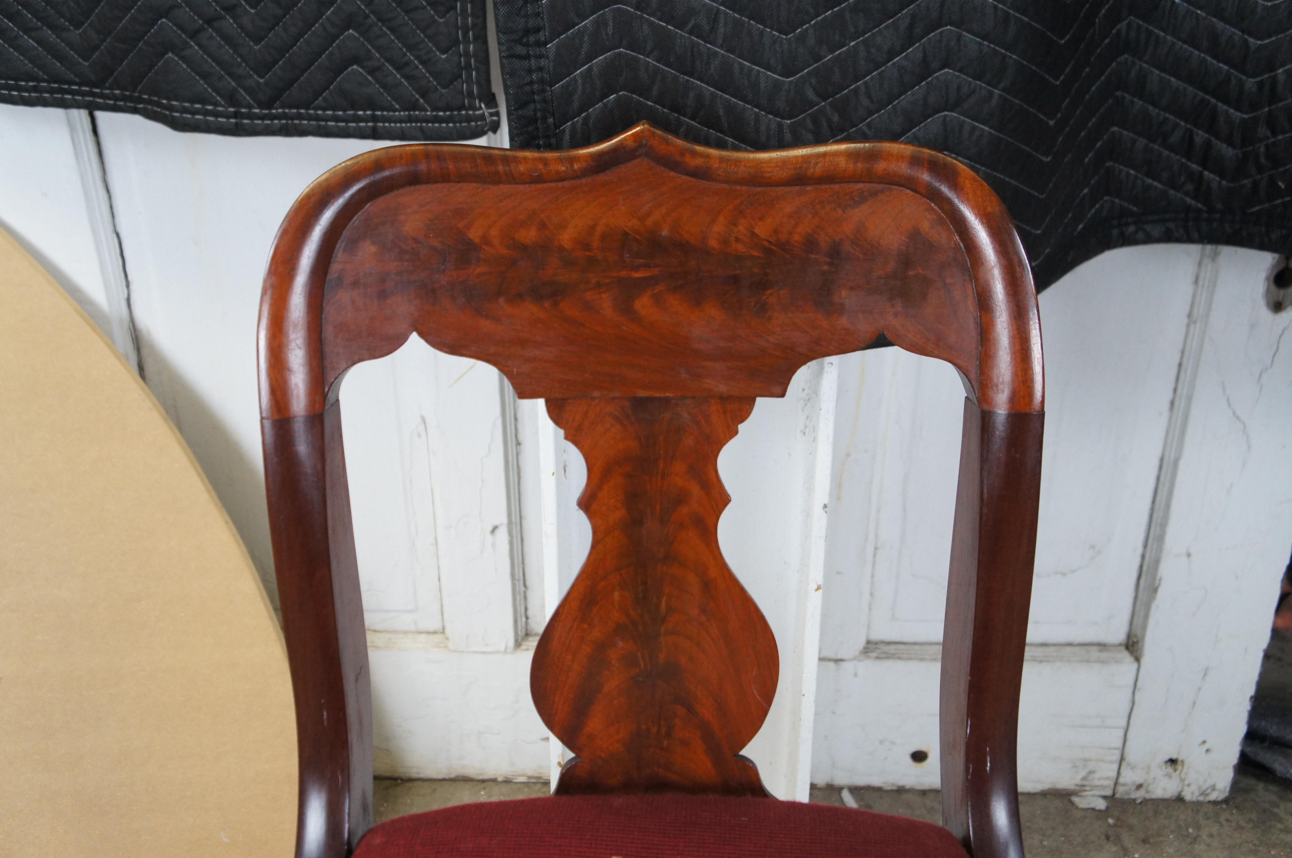 19th Century Antique Victorian American Empire Flame Mahogany Side Chair Embroidered Seat For Sale