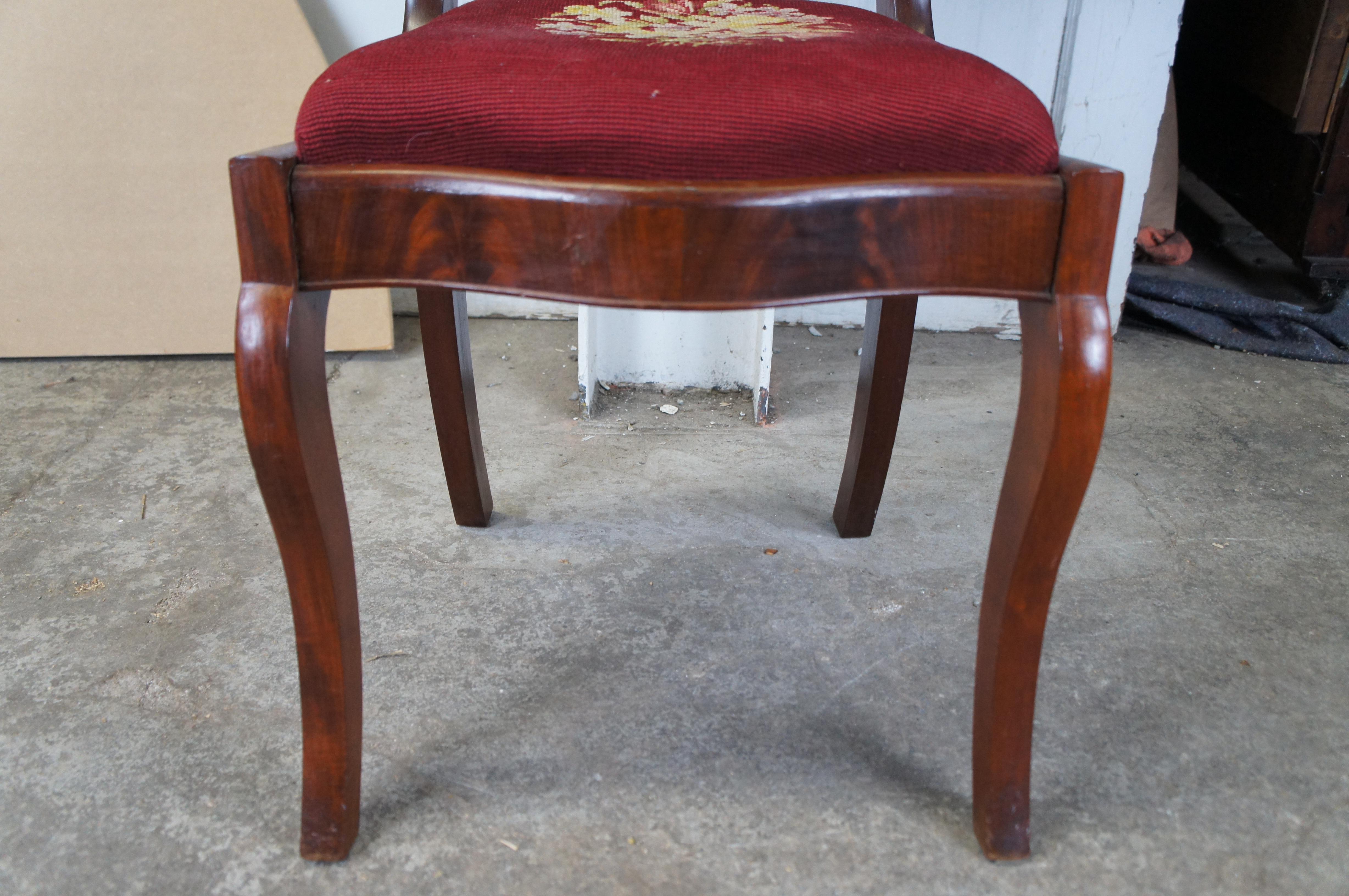 Tapestry Antique Victorian American Empire Flame Mahogany Side Chair Embroidered Seat For Sale