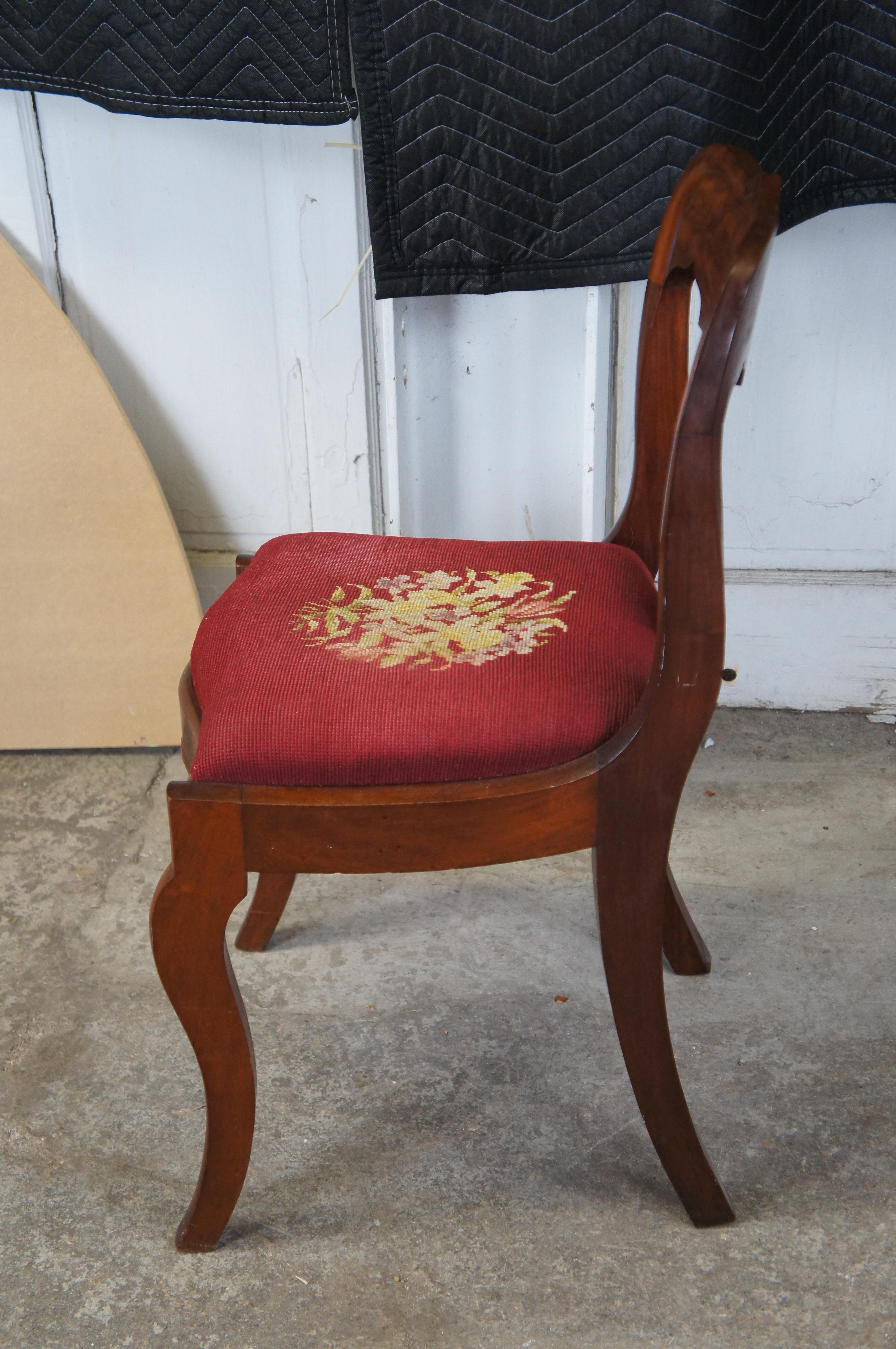 Antique Victorian American Empire Flame Mahogany Side Chair Embroidered Seat For Sale 2