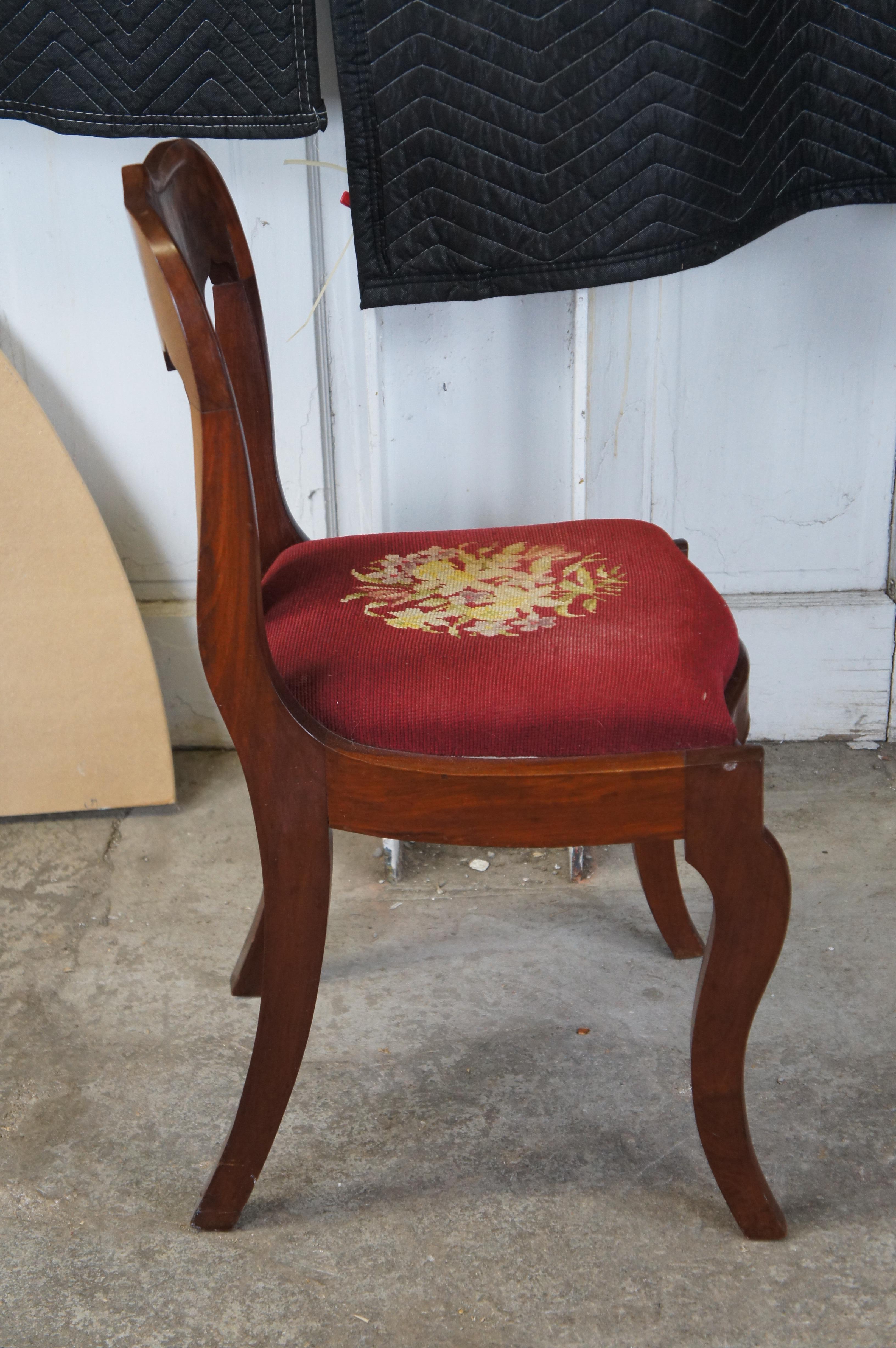 Antique Victorian American Empire Flame Mahogany Side Chair Embroidered Seat For Sale 4