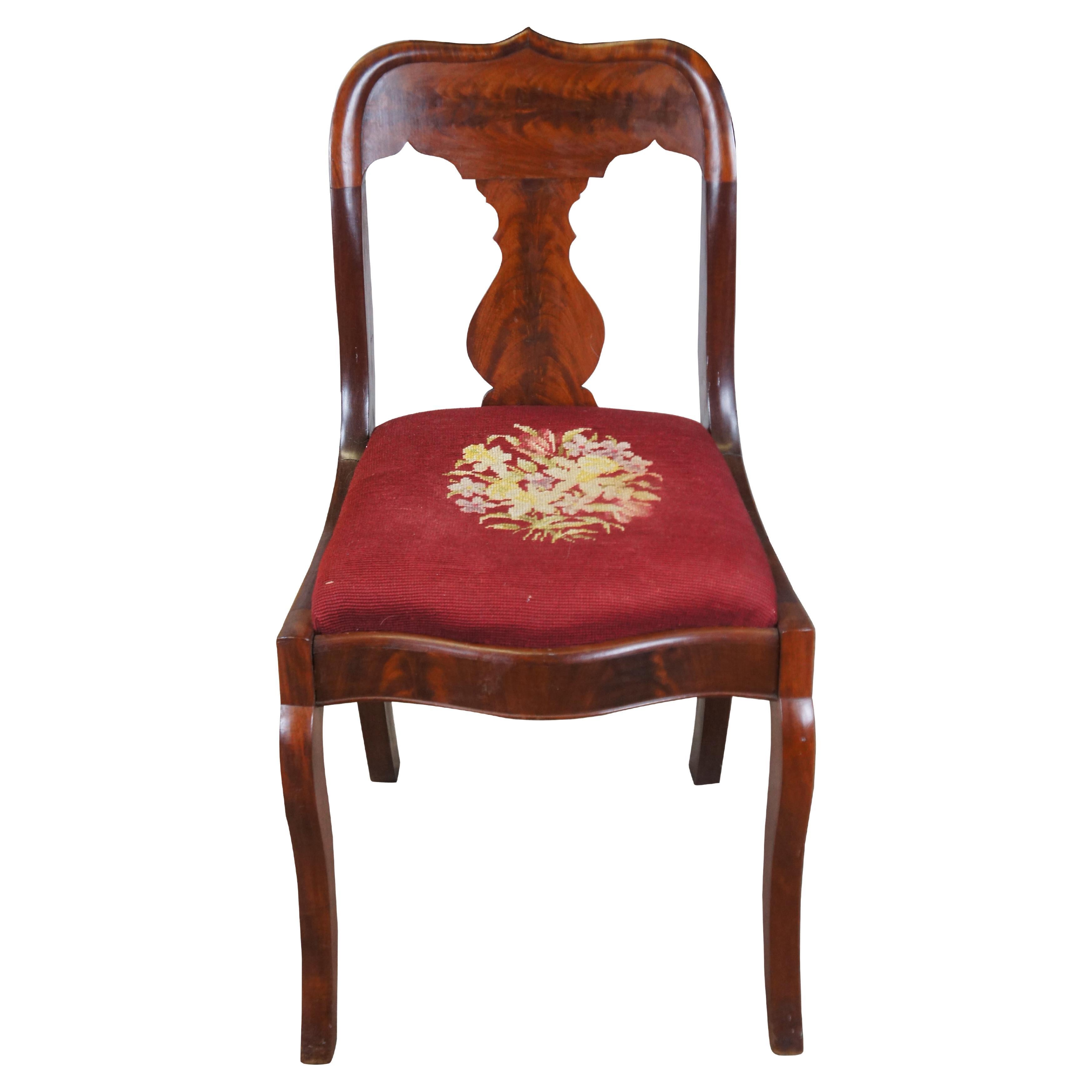 Antique Victorian American Empire Flame Mahogany Side Chair Embroidered Seat