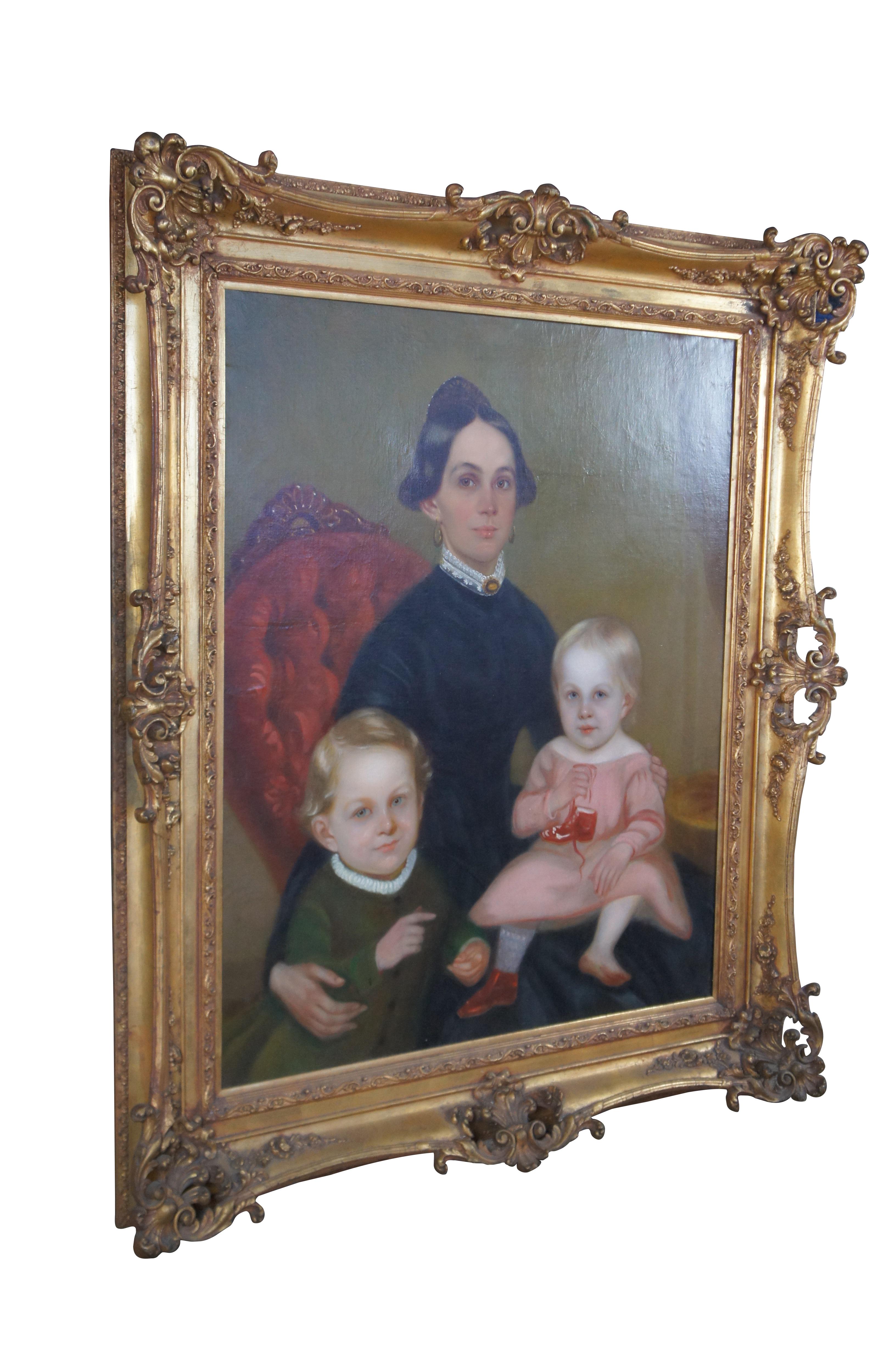 Antique Victorian American Folk Art Portrait Oil Painting Woman Children In Fair Condition For Sale In Dayton, OH