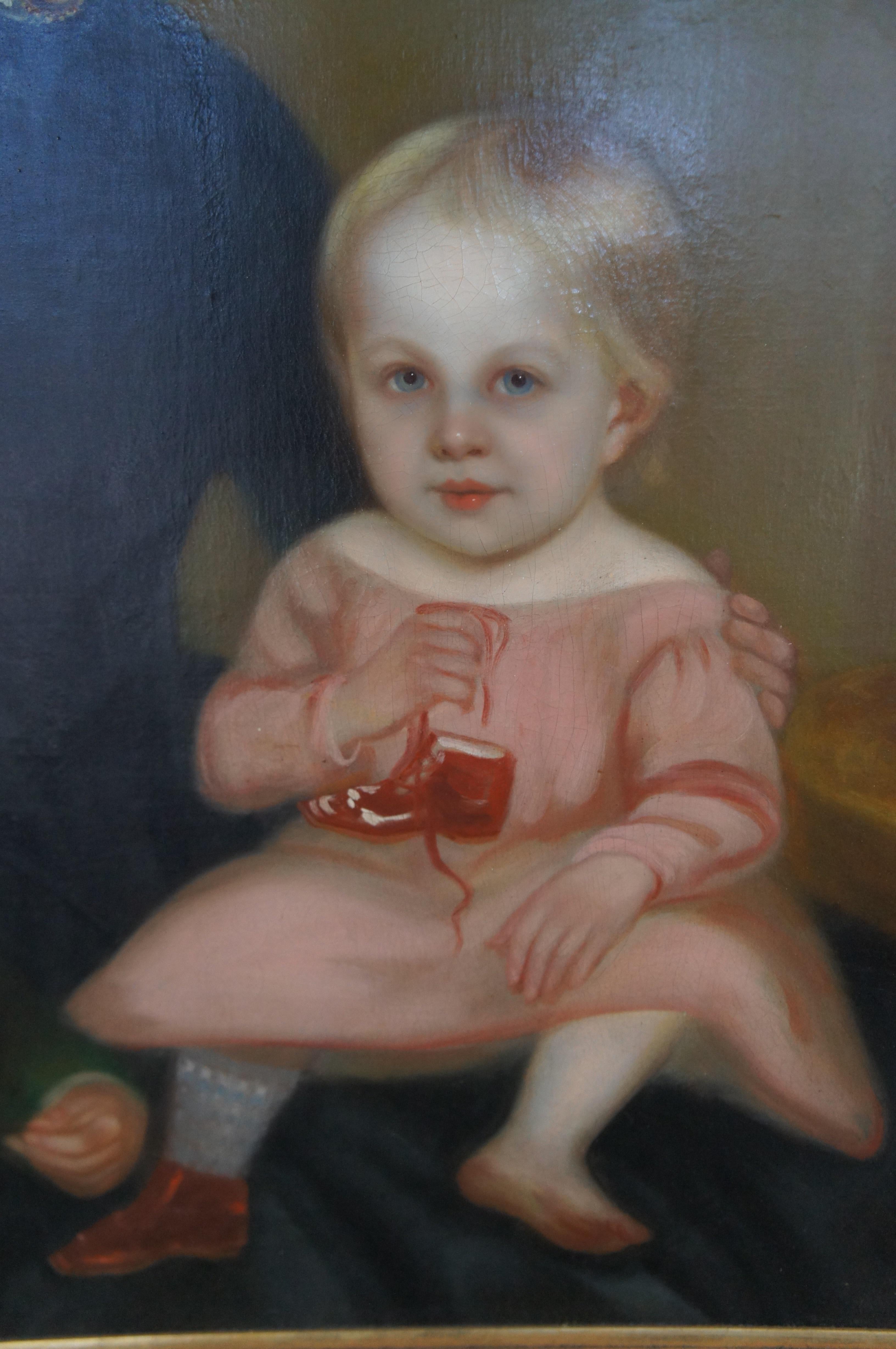 Antique Victorian American Folk Art Portrait Oil Painting Woman Children For Sale 1