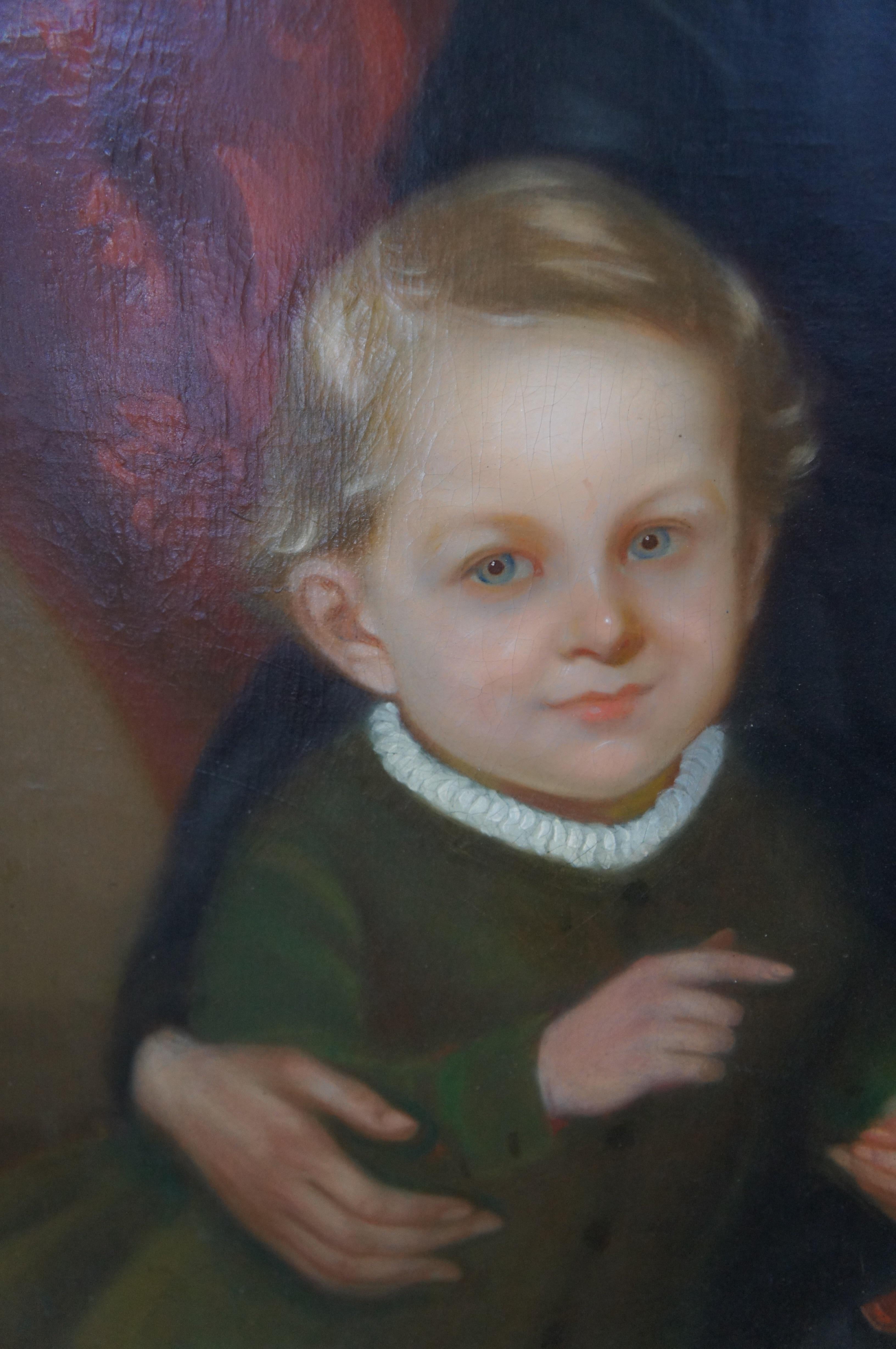 Antique Victorian American Folk Art Portrait Oil Painting Woman Children For Sale 2
