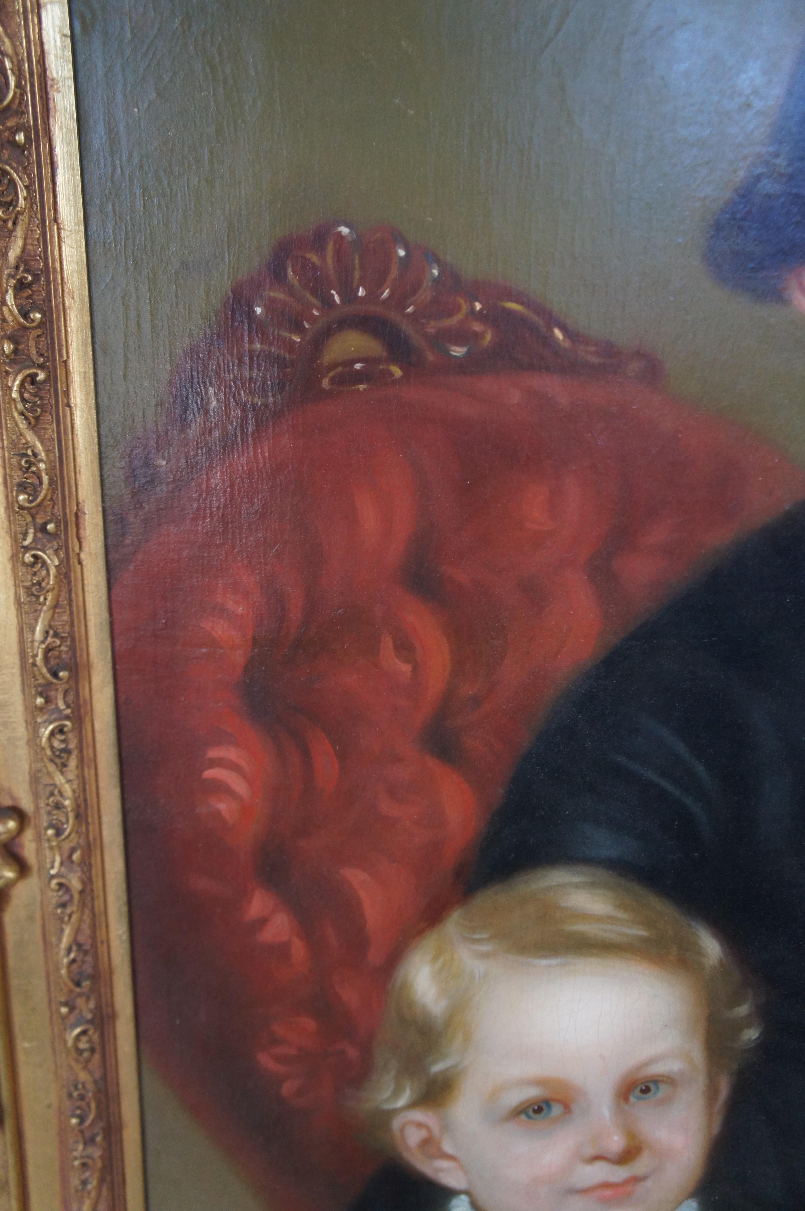 Antique Victorian American Folk Art Portrait Oil Painting Woman Children For Sale 3
