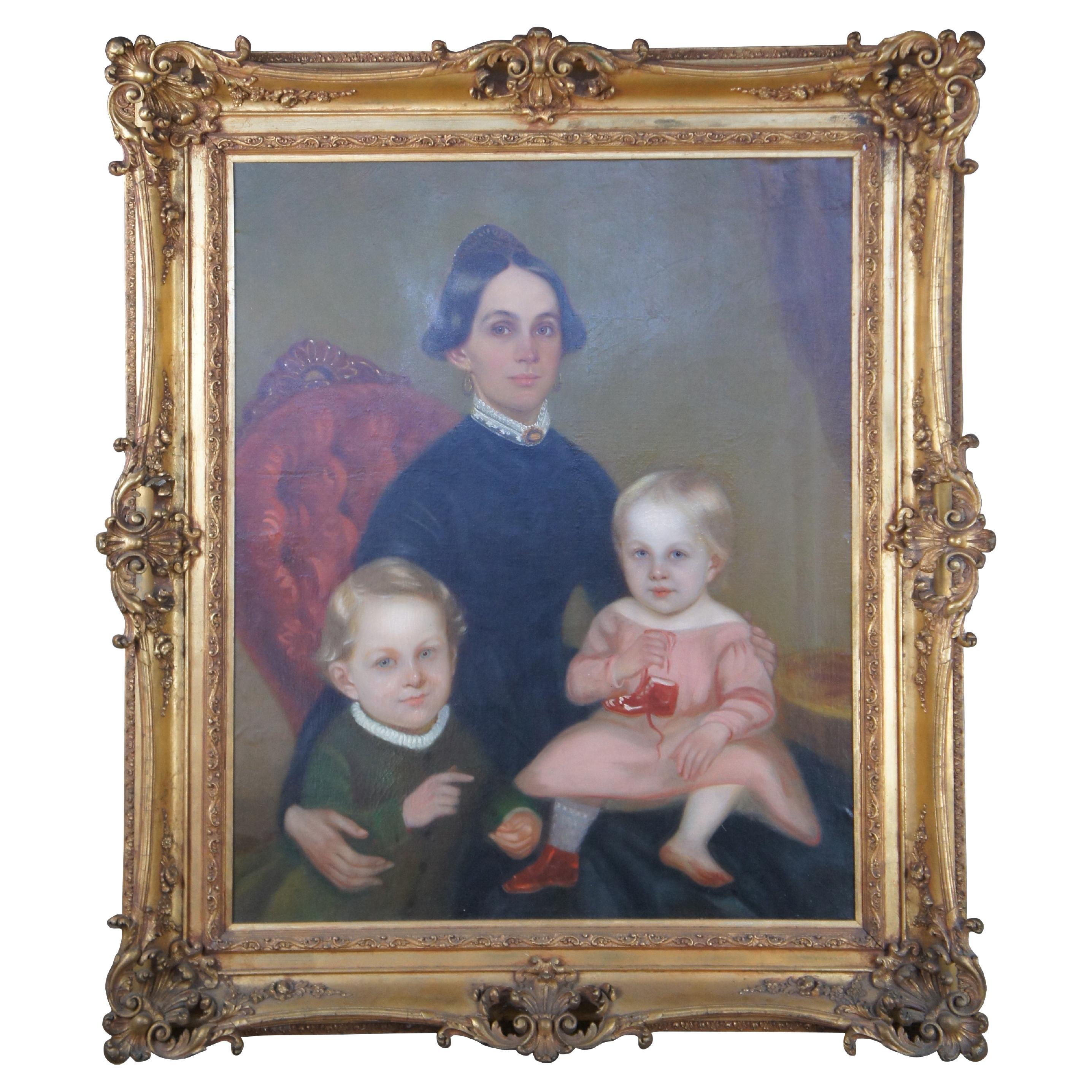 Antico ritratto d'arte popolare americana vittoriana pittura ad olio donna bambini