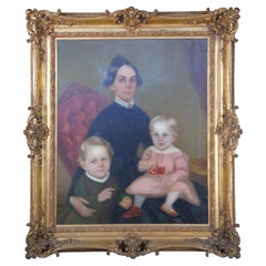 Antique Victorian American Folk Art Portrait Oil Painting Woman Children