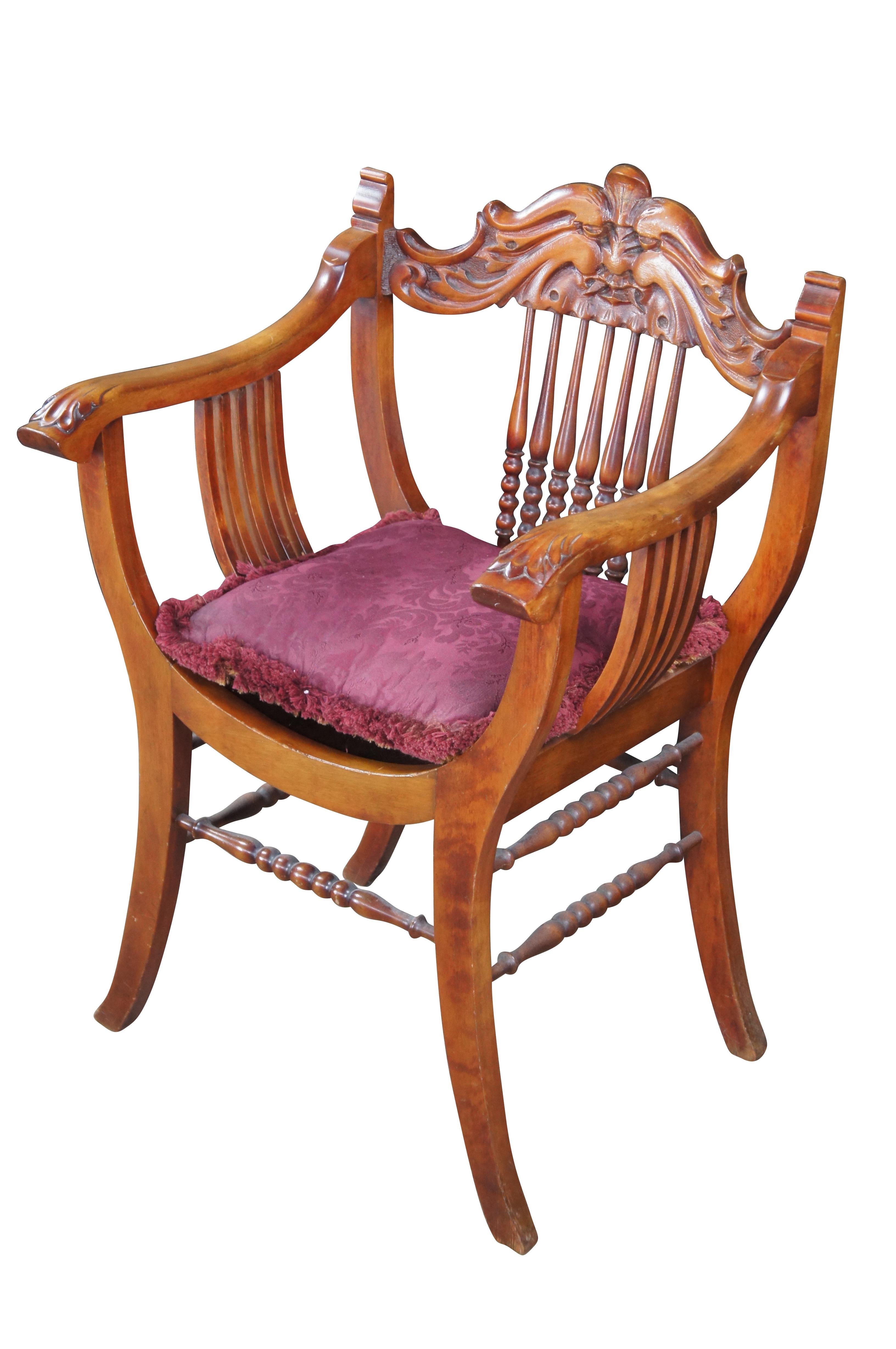Antique Victorian American Mahogany Grotesque Northwind Face Saddle Seat Chair In Fair Condition For Sale In Dayton, OH