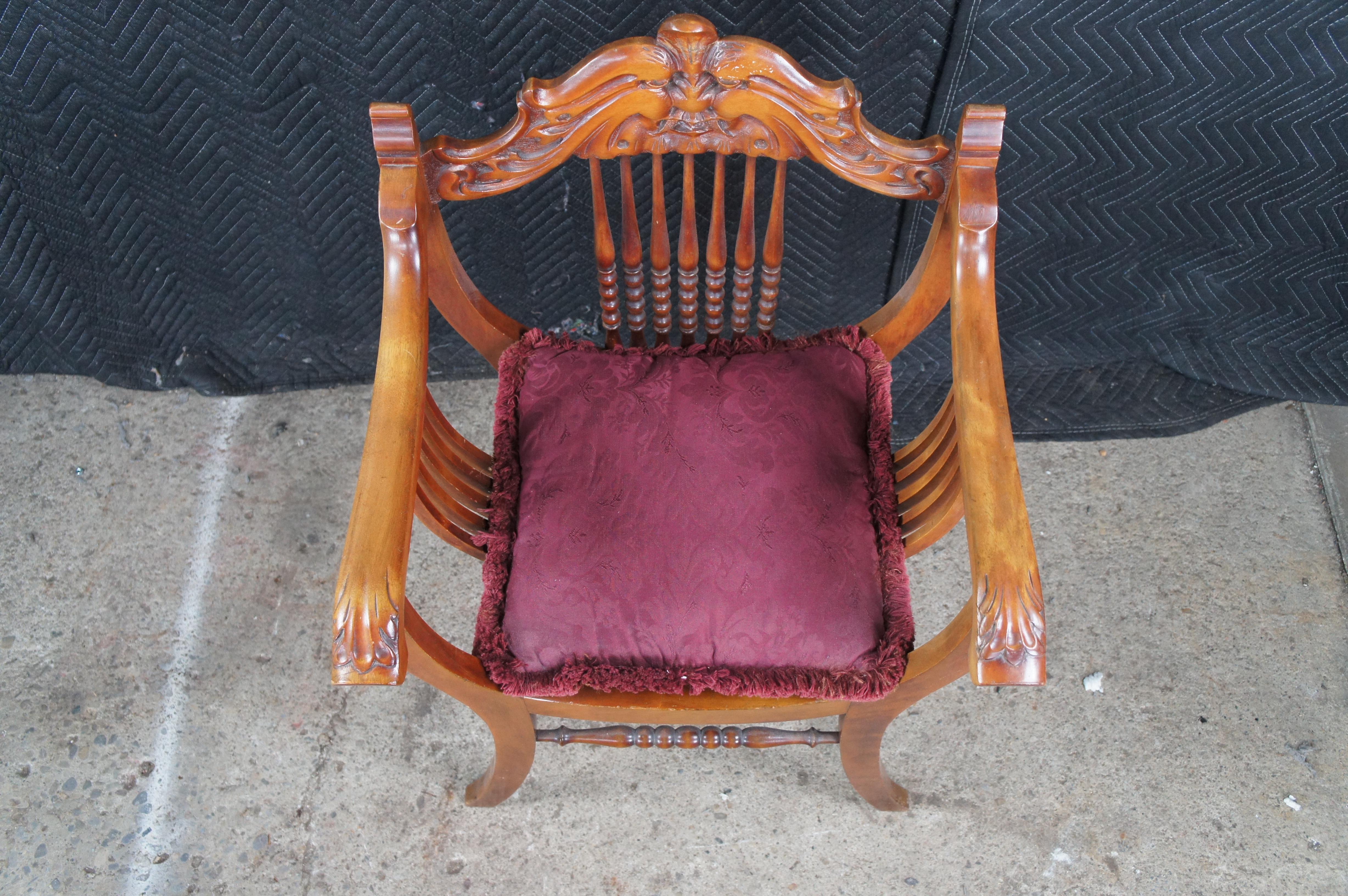 20th Century Antique Victorian American Mahogany Grotesque Northwind Face Saddle Seat Chair For Sale