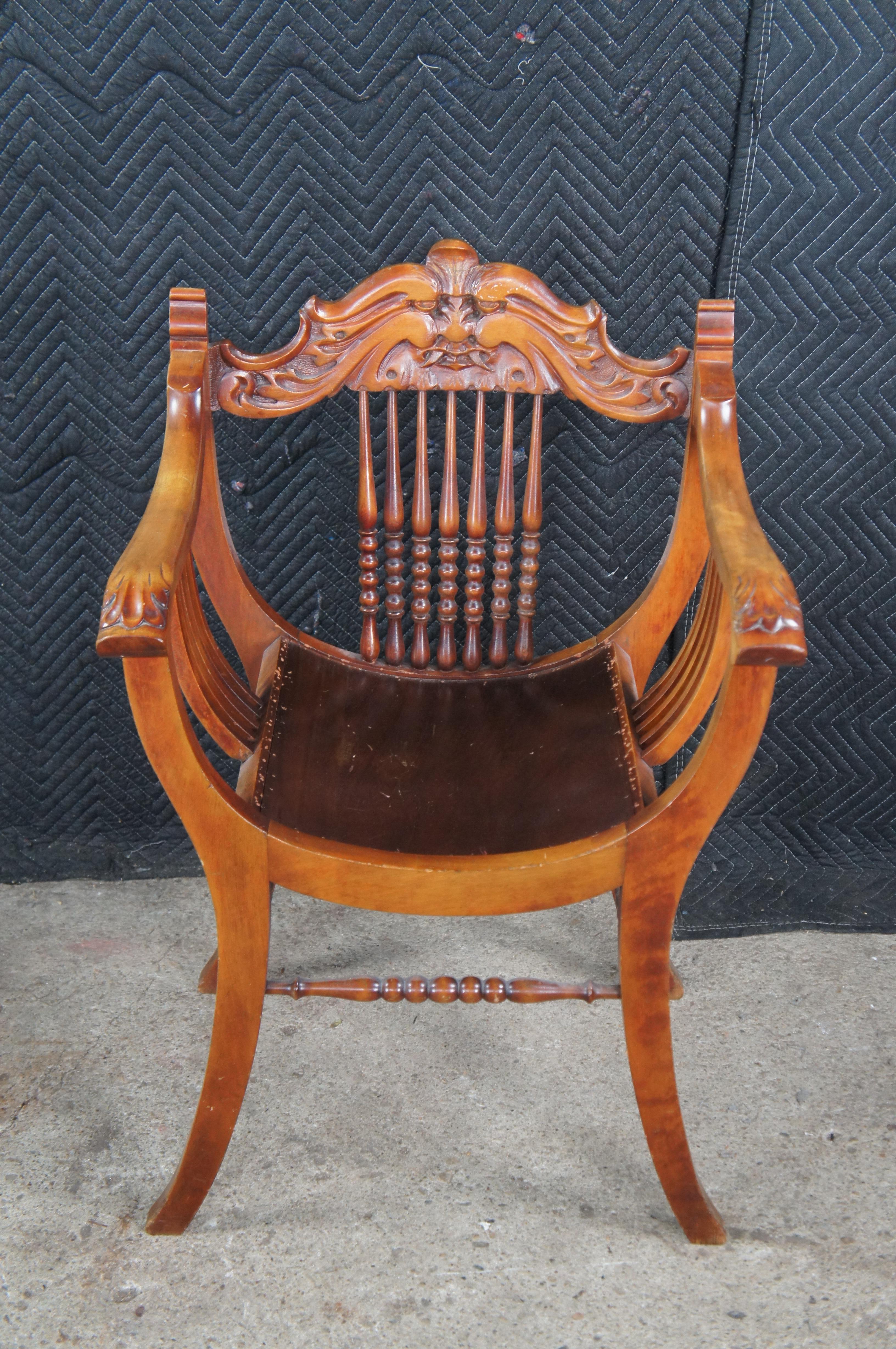 Antique Victorian American Mahogany Grotesque Northwind Face Saddle Seat Chair For Sale 1