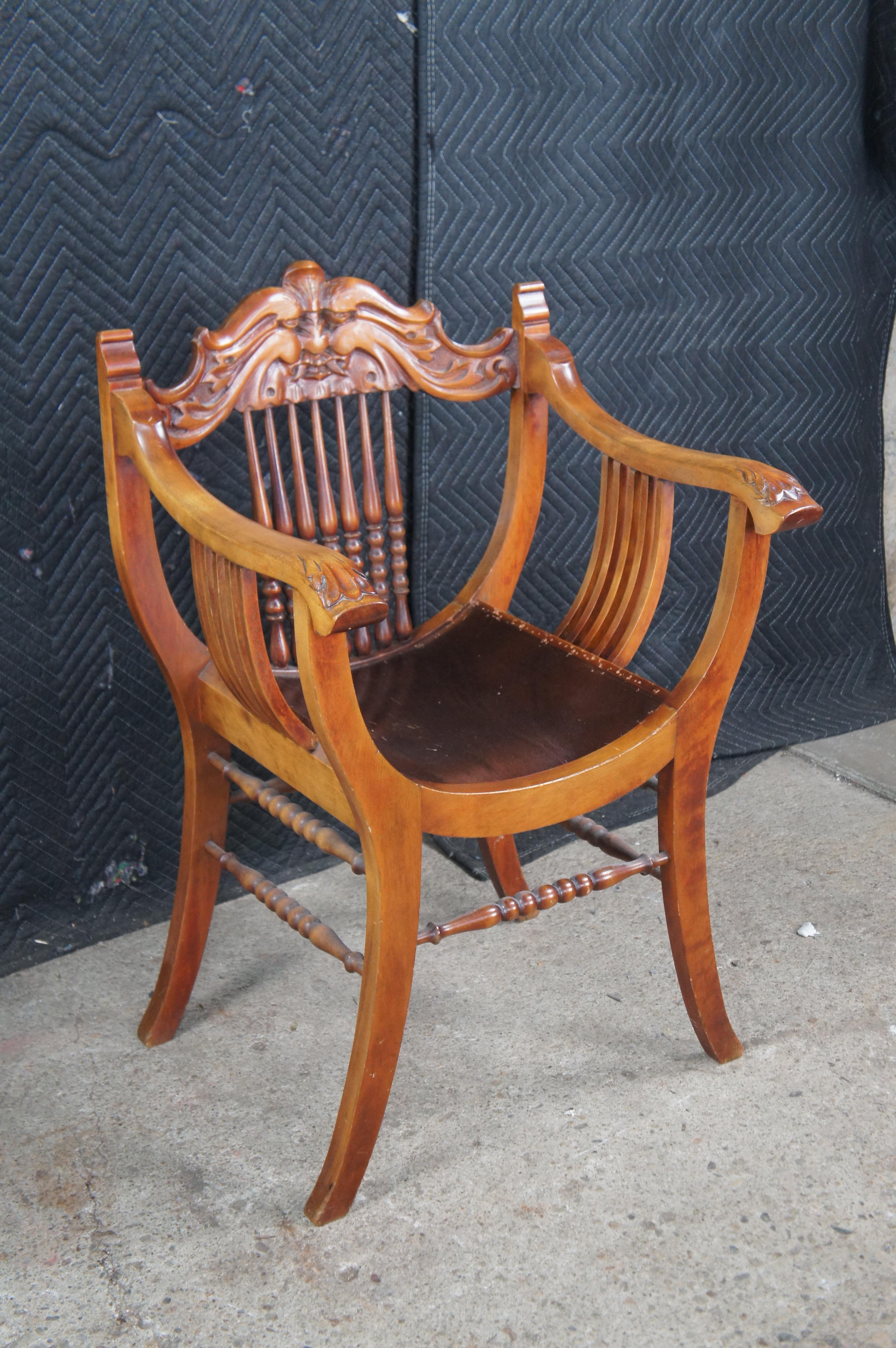 Antique Victorian American Mahogany Grotesque Northwind Face Saddle Seat Chair For Sale 2