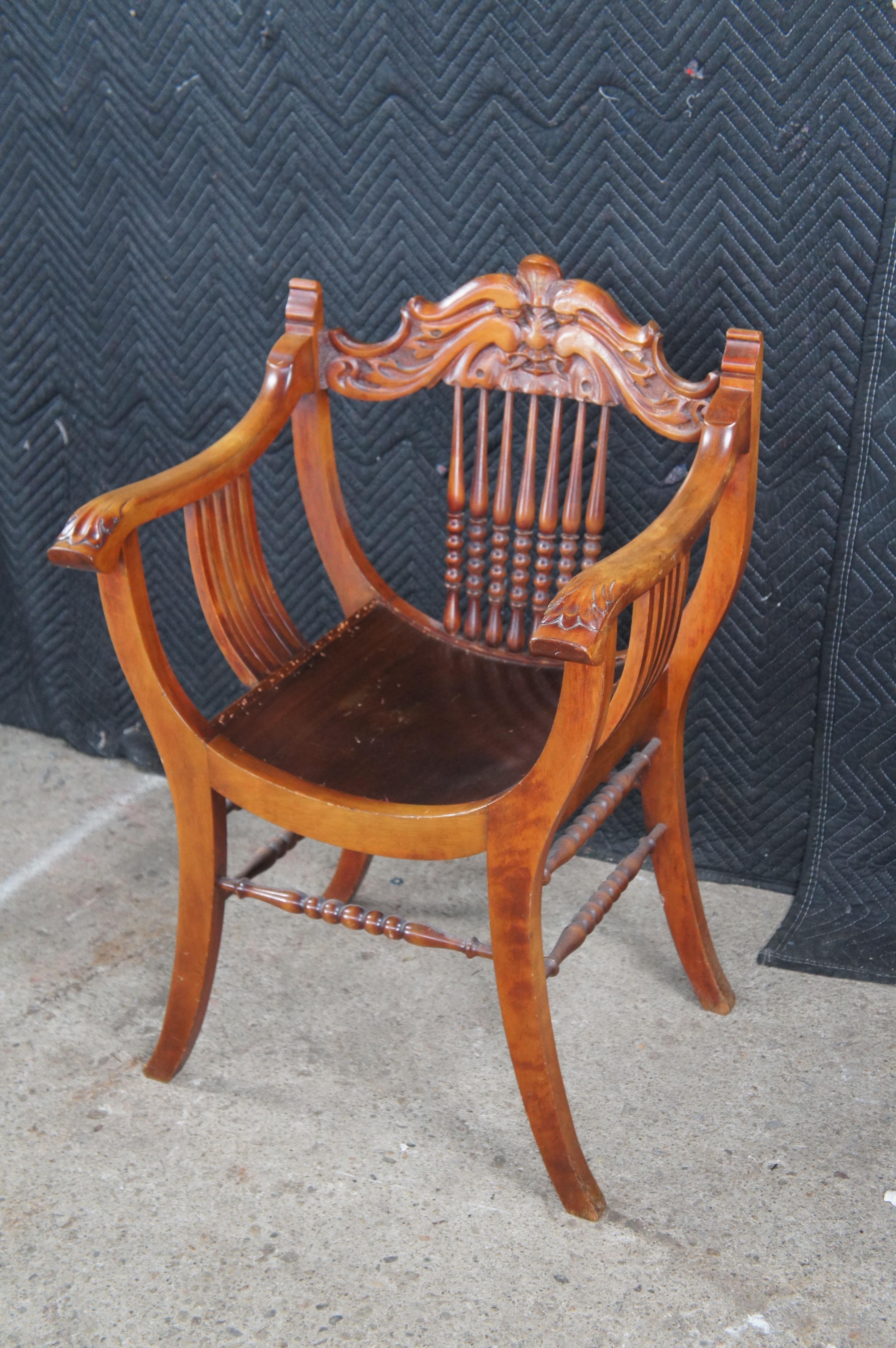 Antique Victorian American Mahogany Grotesque Northwind Face Saddle Seat Chair For Sale 3