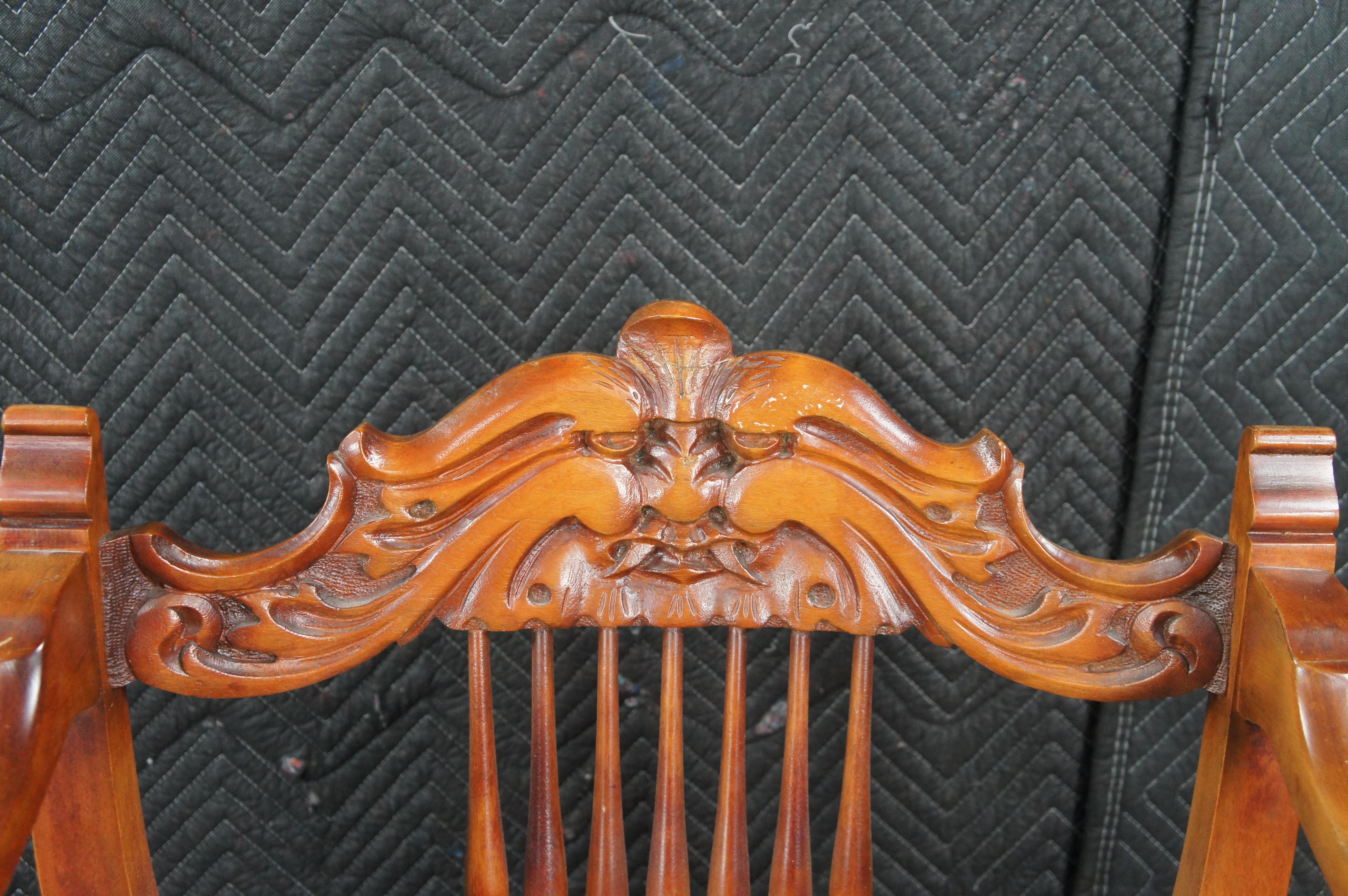 Antique Victorian American Mahogany Grotesque Northwind Face Saddle Seat Chair For Sale 5