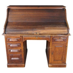 Antique Victorian American Oak S Curve Tambour Roll Top Executive Office Desk