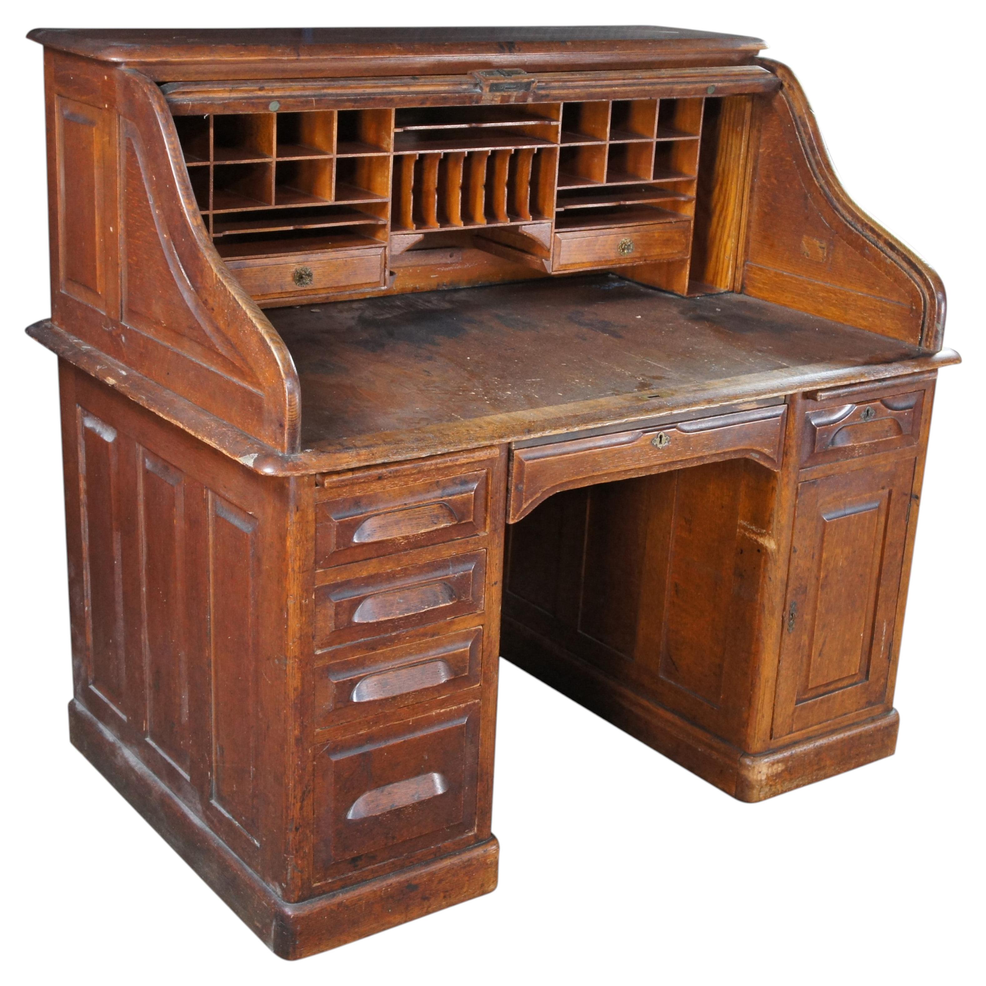 Antique Victorian American Oak S Curve Tambour Roll Top Executive Office Desk