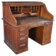Antique Victorian American Oak S Curve Tambour Roll Top Executive Office Desk