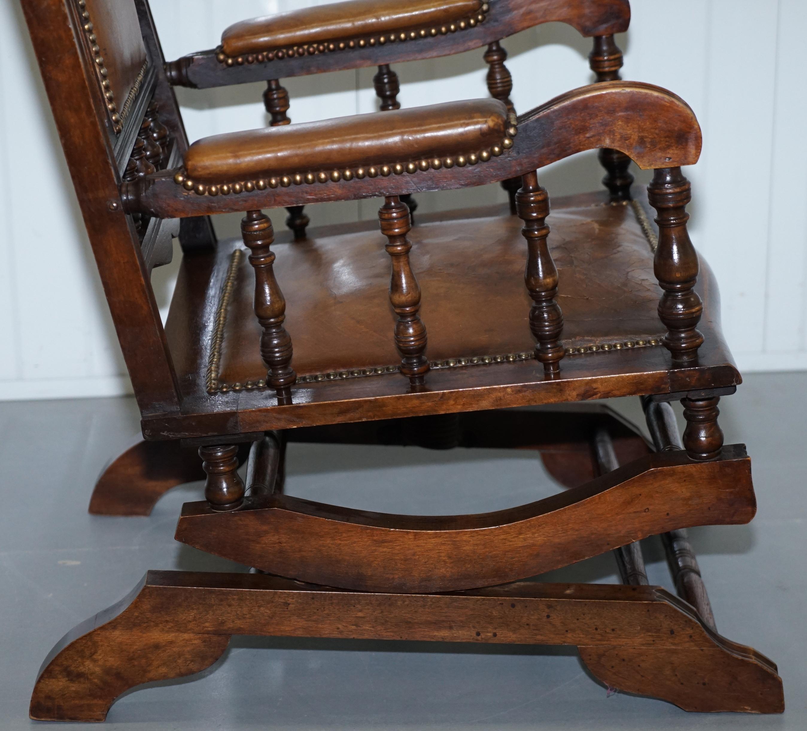 Antique Victorian American Rocking Armchair Brown Leather Mahogany Lovely Piece 5