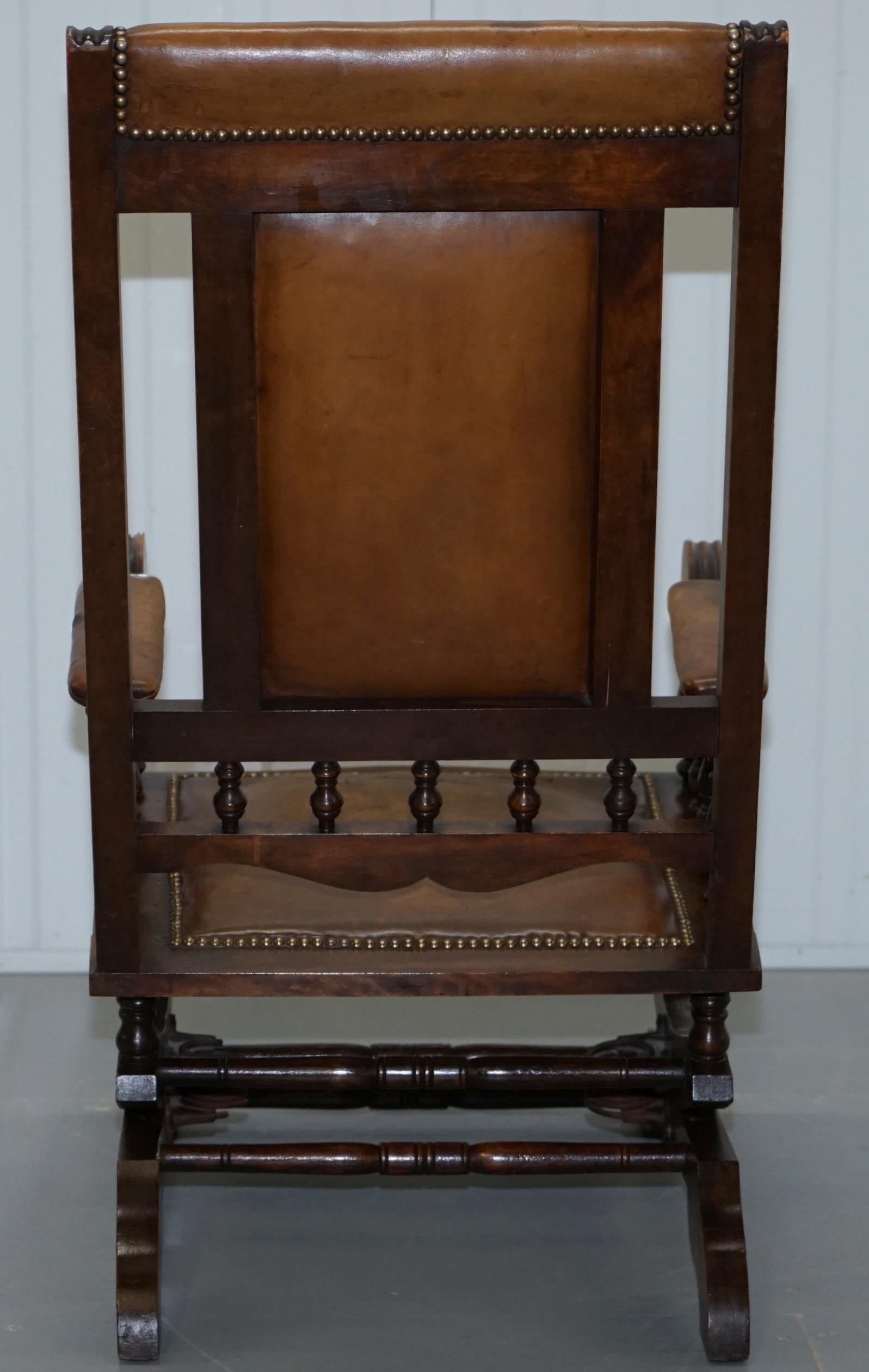 Antique Victorian American Rocking Armchair Brown Leather Mahogany Lovely Piece 6