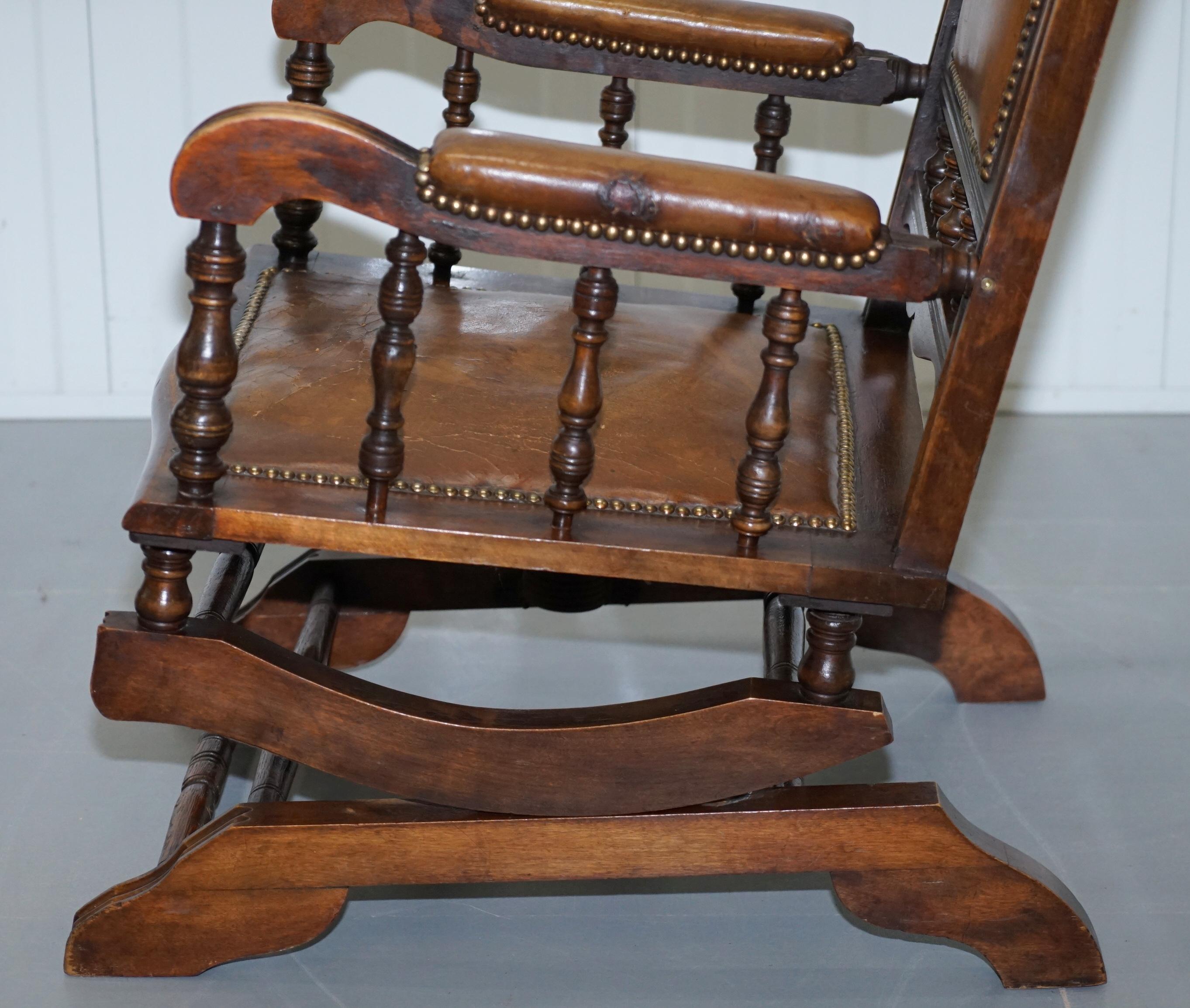 Antique Victorian American Rocking Armchair Brown Leather Mahogany Lovely Piece 8