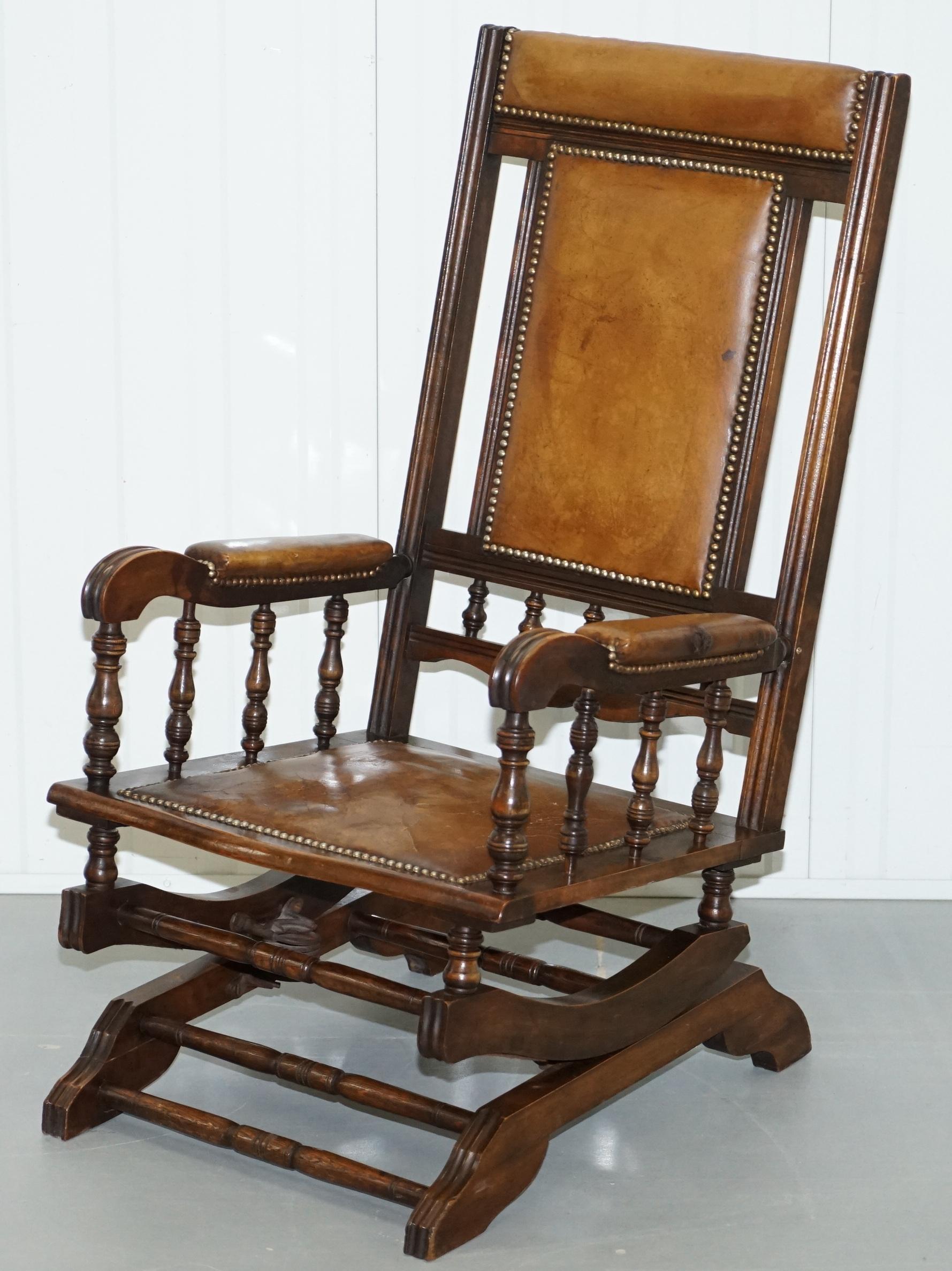 American Classical Antique Victorian American Rocking Armchair Brown Leather Mahogany Lovely Piece