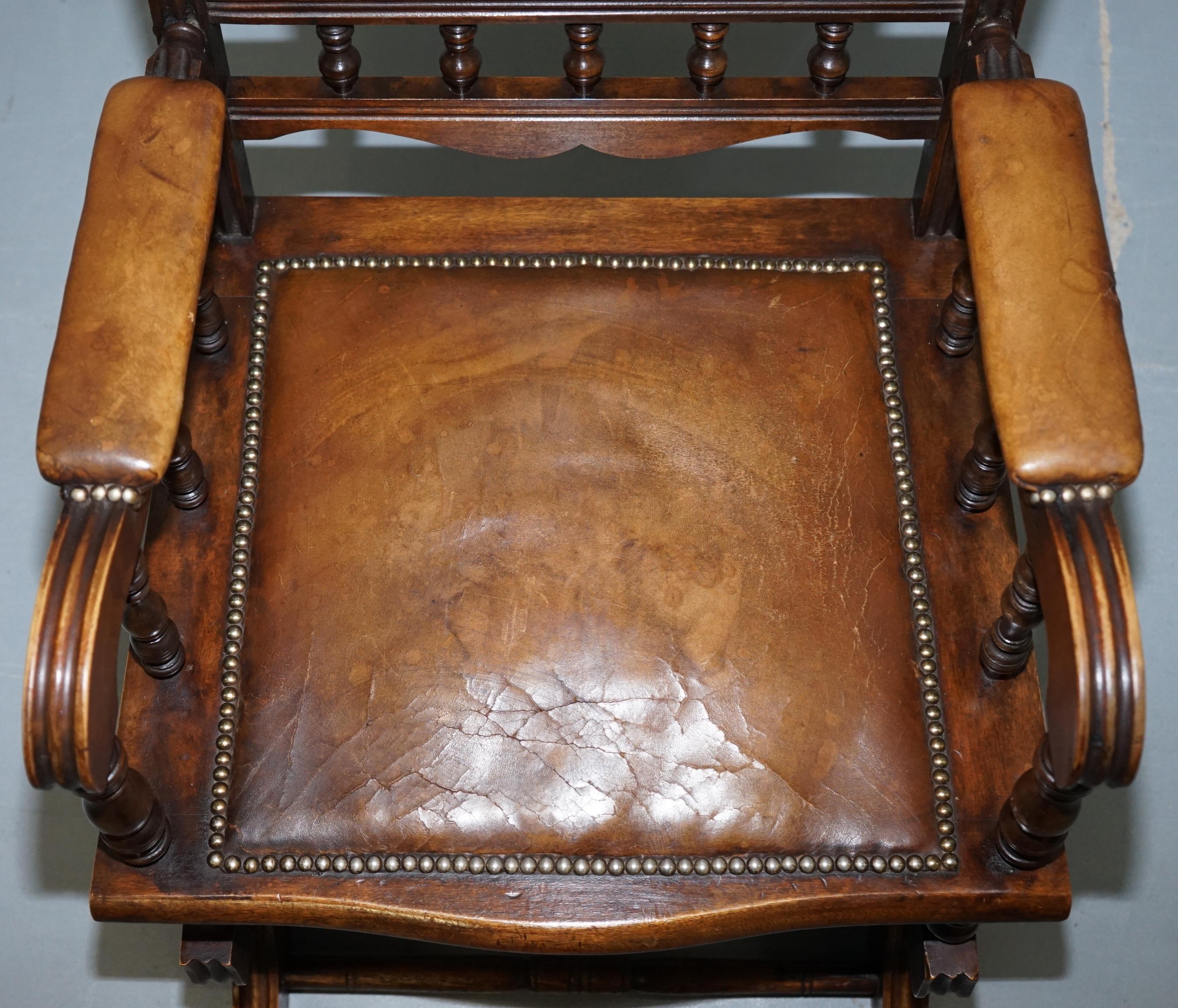 Hand-Carved Antique Victorian American Rocking Armchair Brown Leather Mahogany Lovely Piece